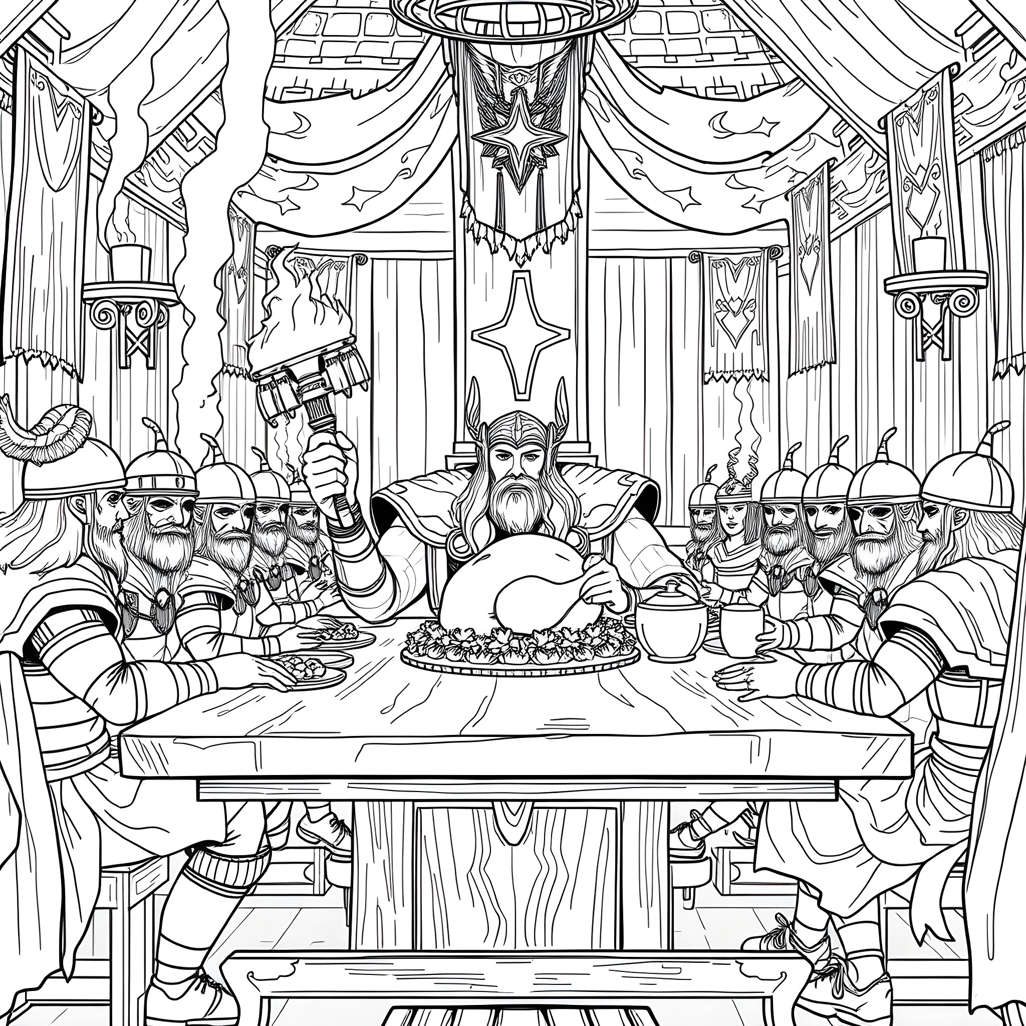 Thor and his warriors feasting in the grand hall Coloring Page (free black-and-white line drawing printable PDF for all, from beginners to advanced learners, including children, teens, adults, and seniors)