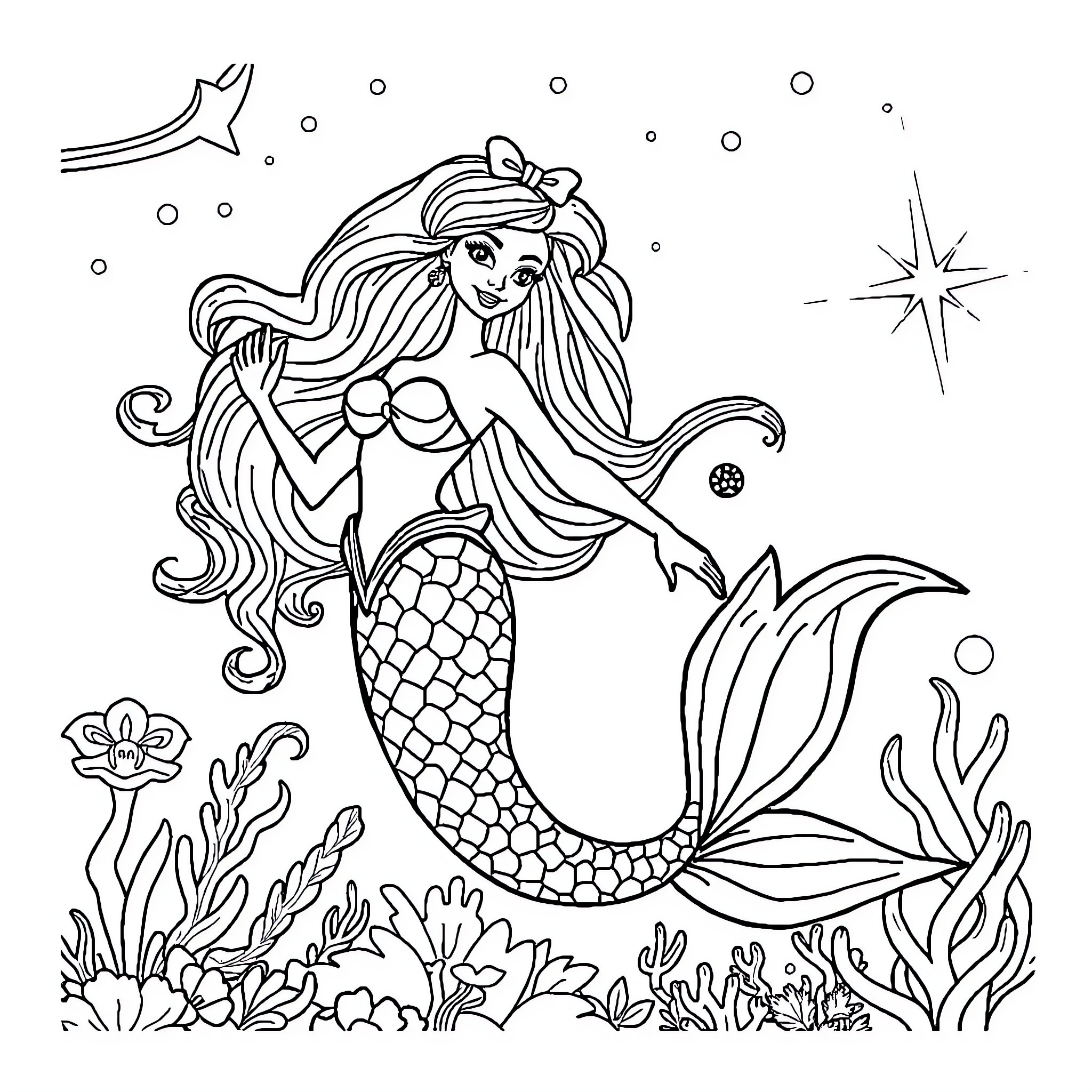 Mermaid swimming gracefully among the sea creatures Coloring Page (free black-and-white line drawing printable PDF for all, from beginners to advanced learners, including children, teens, adults, and seniors)