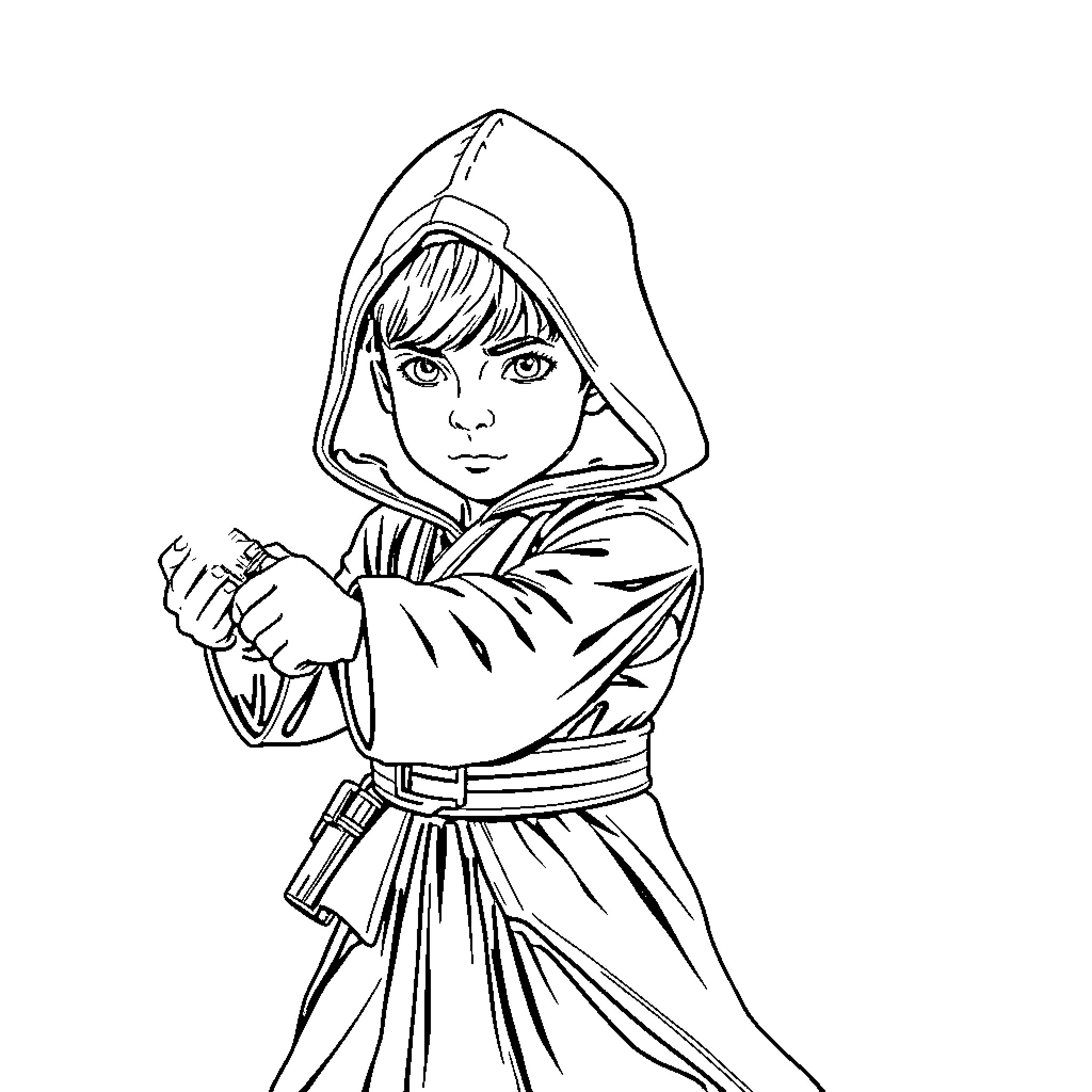 Jedi Apprentice in Training Stance Coloring Page (free black-and-white line drawing printable PDF for all, from beginners to advanced learners, including children, teens, adults, and seniors)
