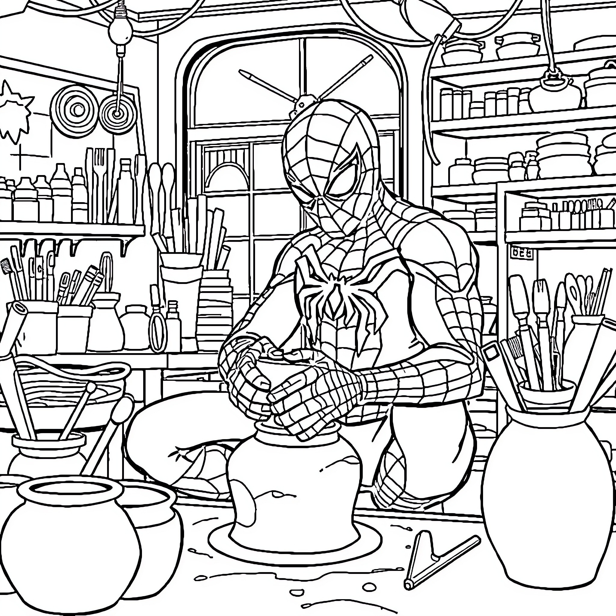 Spider-Man creating artwork in his studio Coloring Page (free black-and-white line drawing printable PDF for all, from beginners to advanced learners, including children, teens, adults, and seniors)