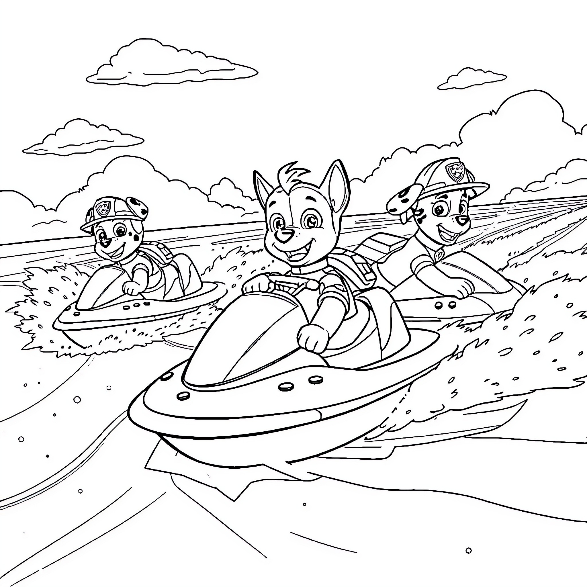 Dog Patrol pups riding in water vehicles Coloring Page (free black-and-white line drawing printable PDF for all, from beginners to advanced learners, including children, teens, adults, and seniors)