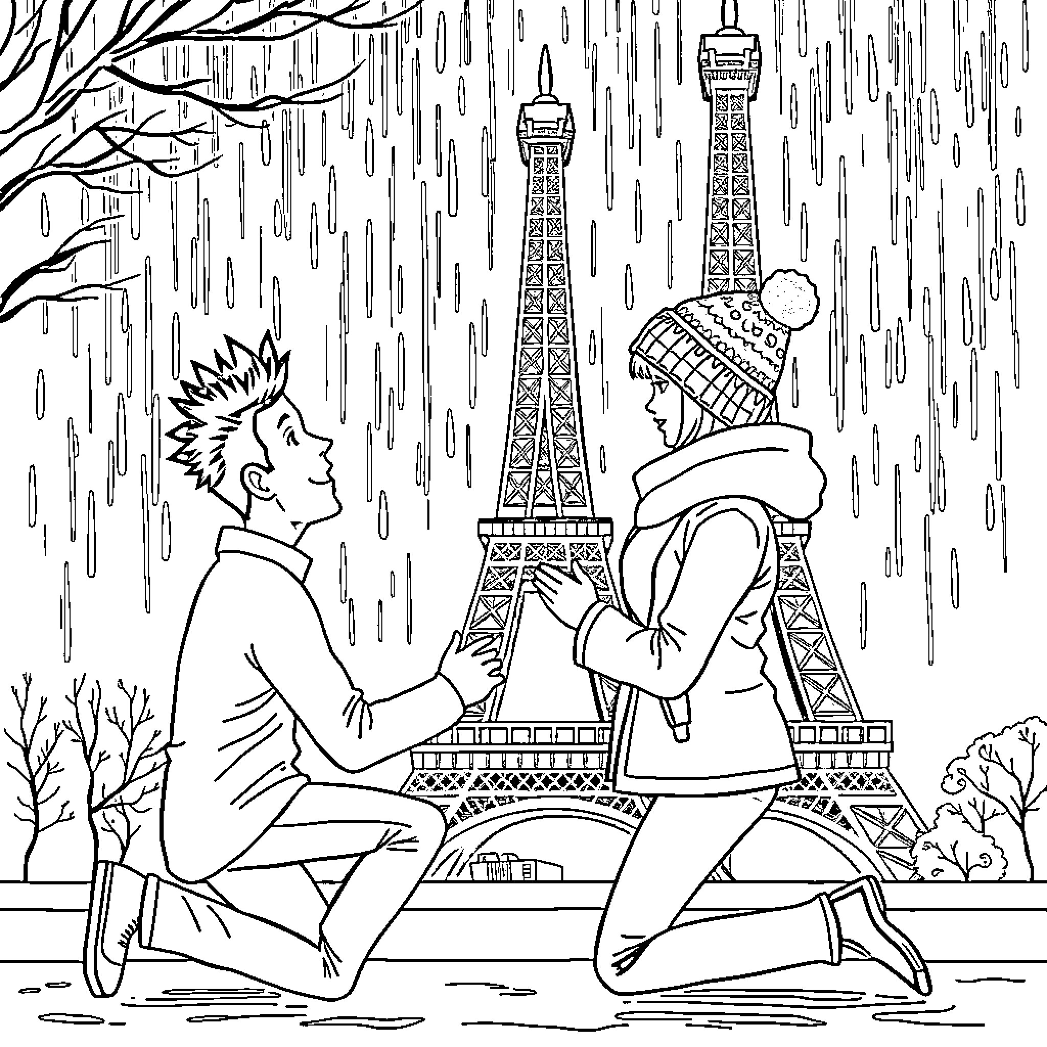 Man proposes to woman in rainy Paris Coloring Page (free black-and-white line drawing printable PDF for all, from beginners to advanced learners, including children, teens, adults, and seniors)