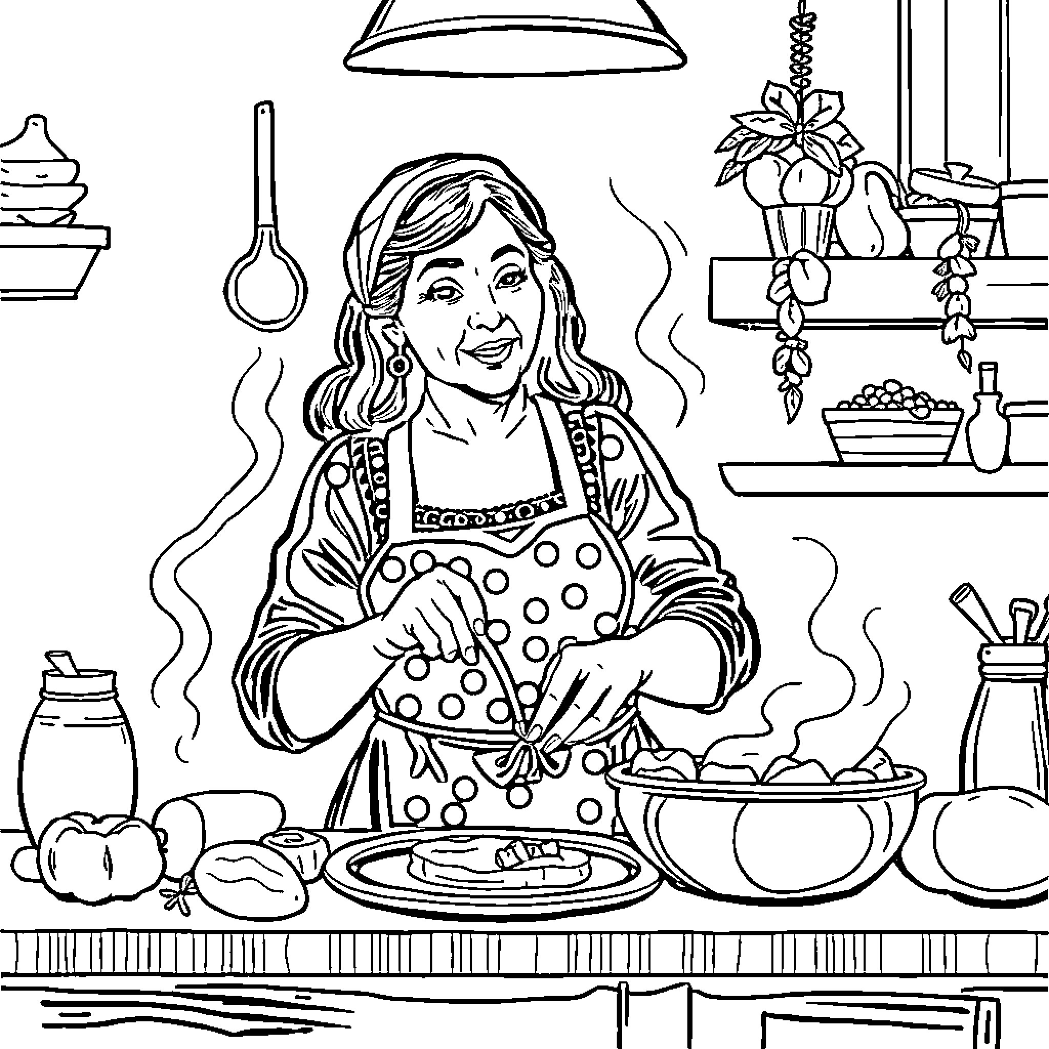 Mama cooking delicious meal in the kitchen Coloring Page (free black-and-white line drawing printable PDF for all, from beginners to advanced learners, including children, teens, adults, and seniors)