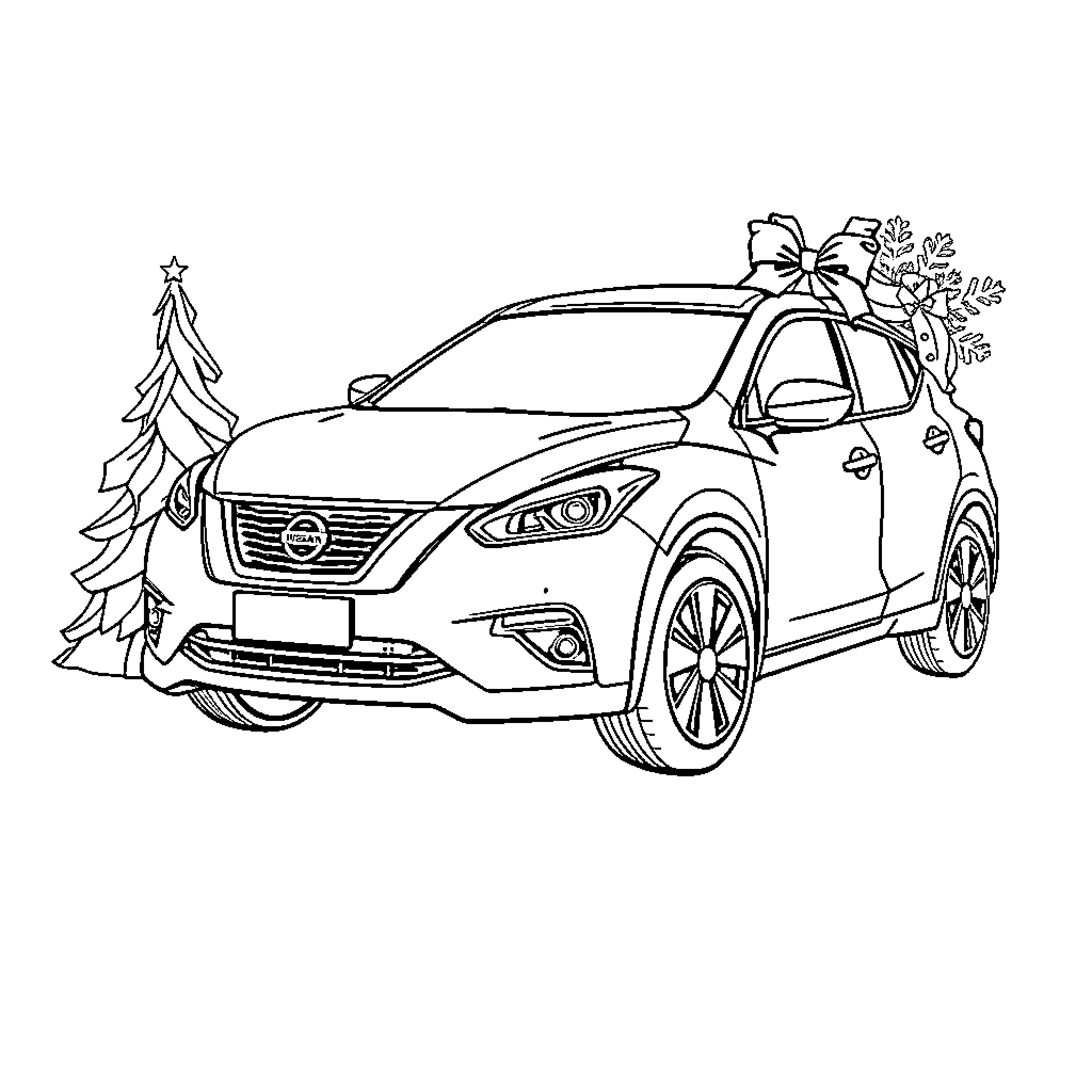 Nissan vehicle decorated for winter holidays Coloring Page (free black-and-white line drawing printable PDF for all, from beginners to advanced learners, including children, teens, adults, and seniors)