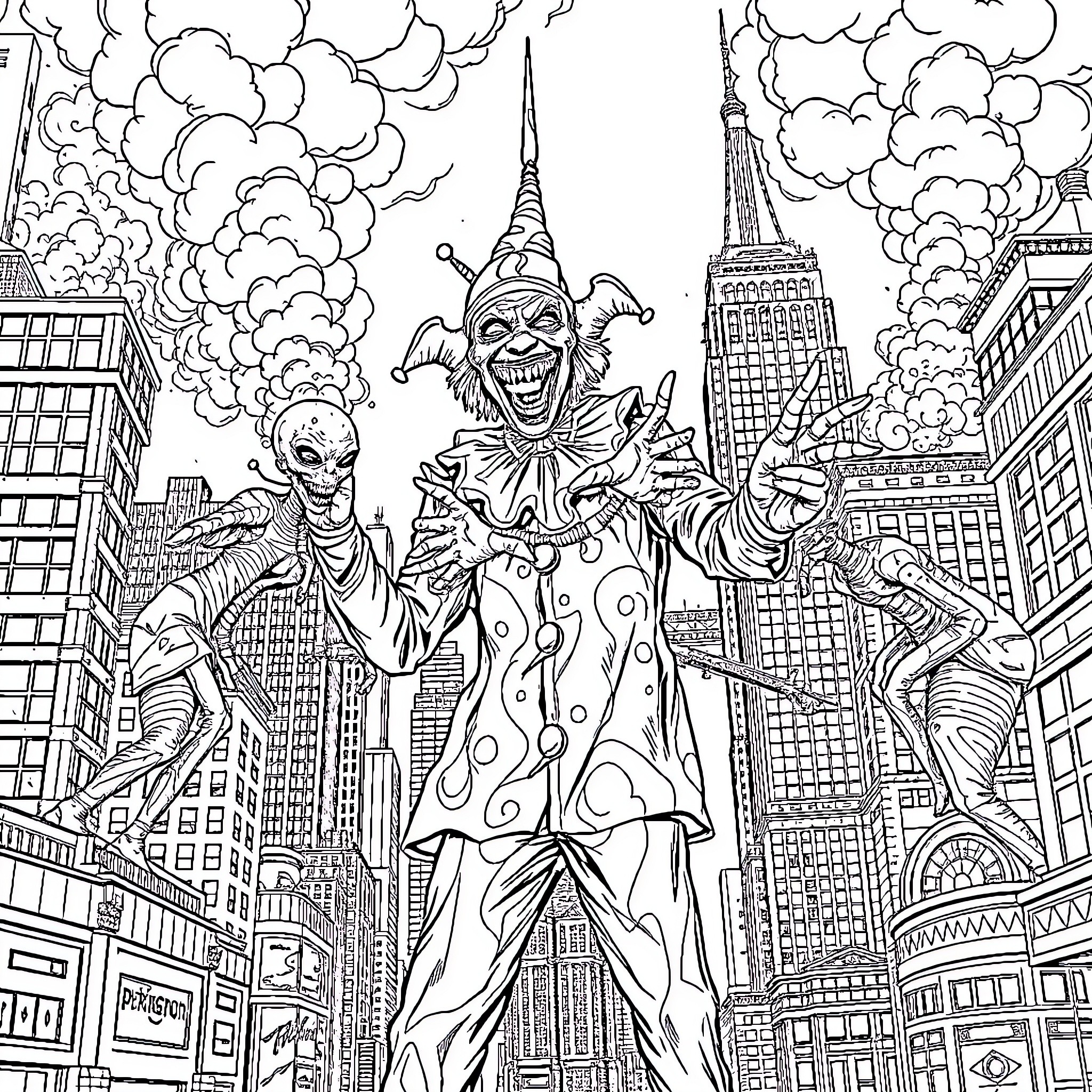 Zombie Clowns Terrorizing the City Coloring Page (free black-and-white line drawing printable PDF for all, from beginners to advanced learners, including children, teens, adults, and seniors)