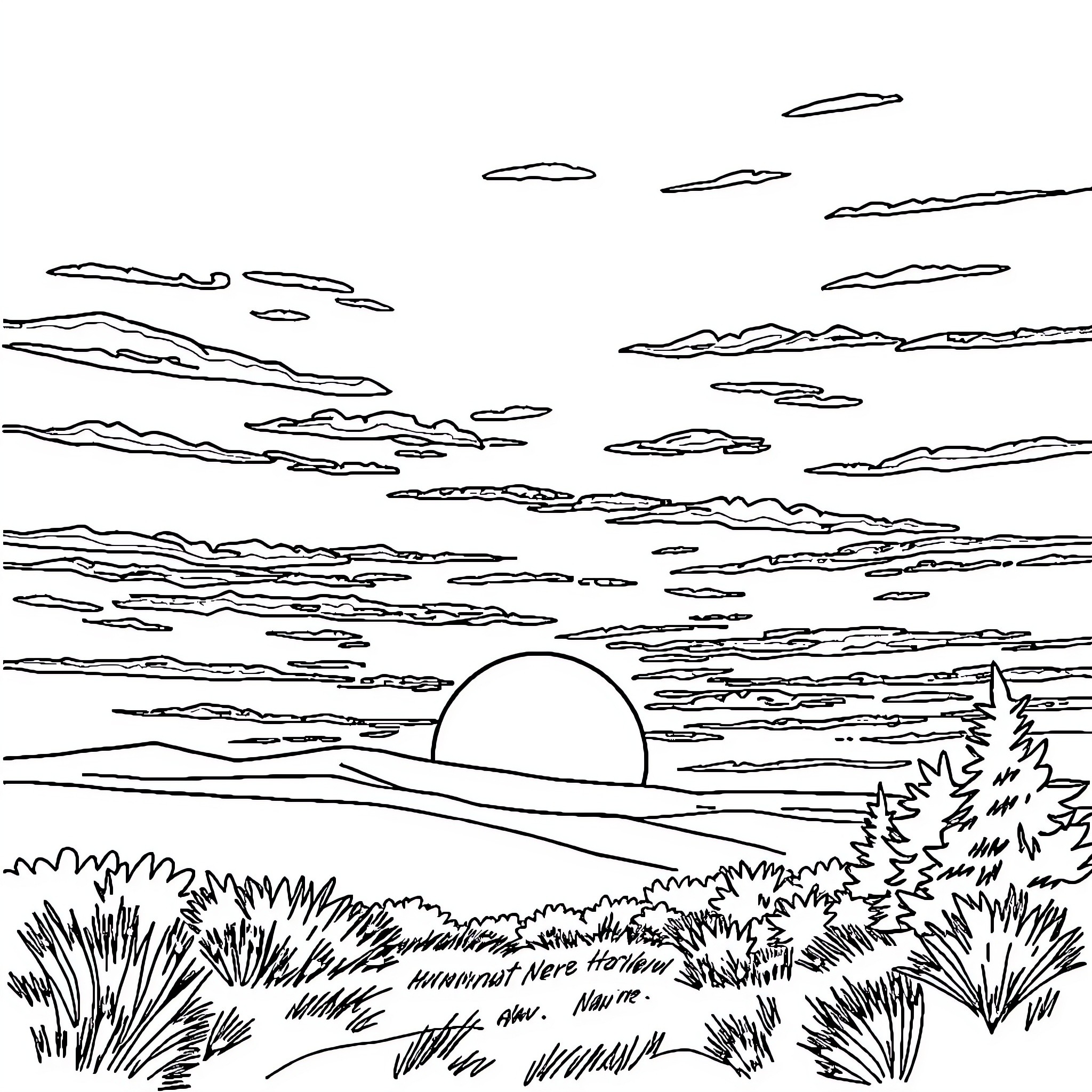 Twilight landscape with serene nature scenery Coloring Page (free black-and-white line drawing printable PDF for all, from beginners to advanced learners, including children, teens, adults, and seniors)