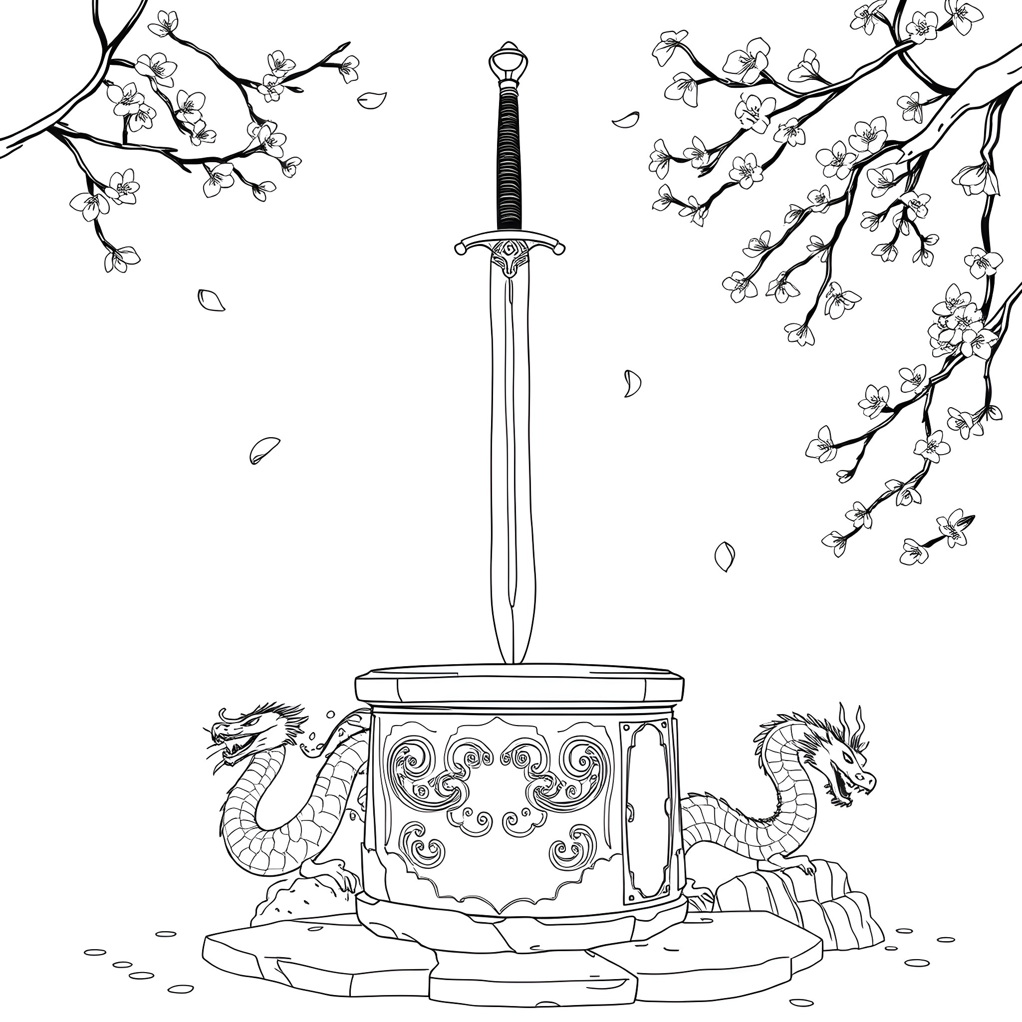 Mulan's Sword and the Blossoming Branches Coloring Page (free black-and-white line drawing printable PDF for all, from beginners to advanced learners, including children, teens, adults, and seniors)