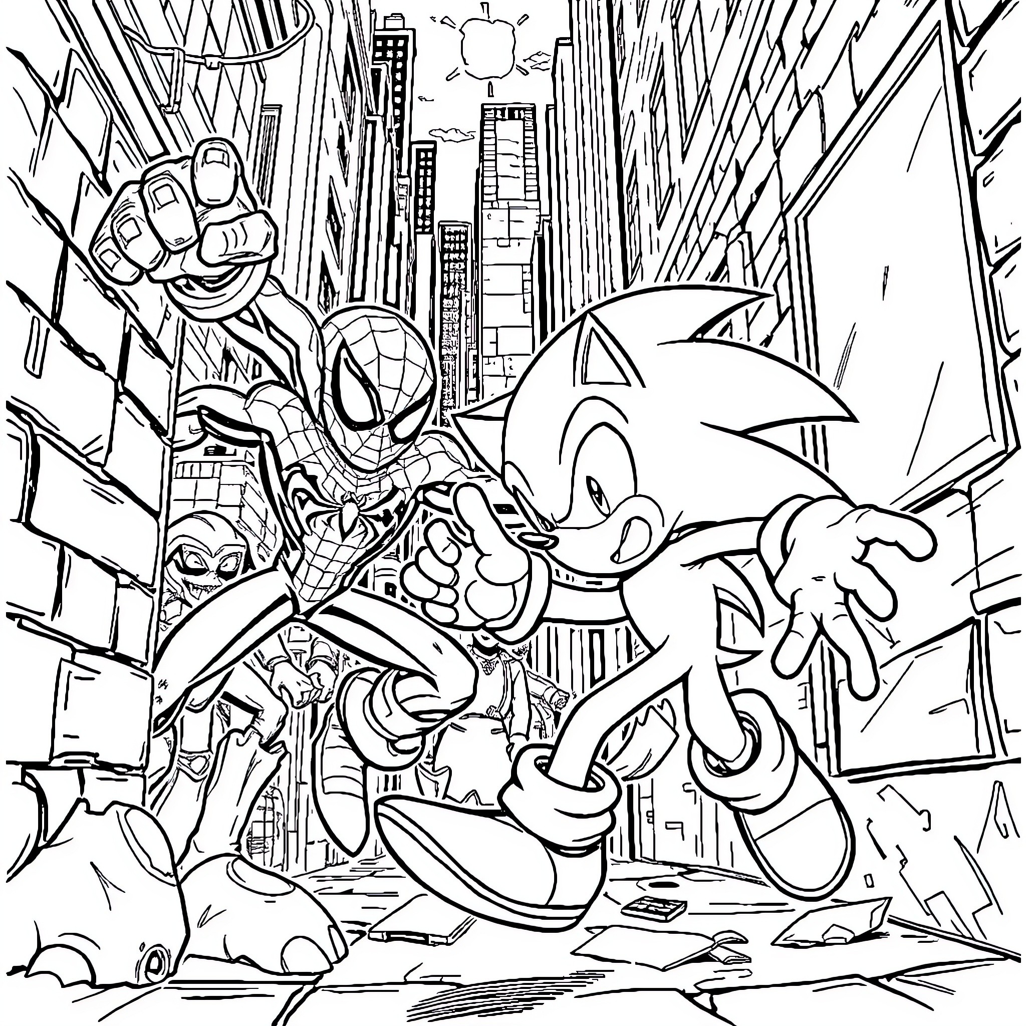 Sonic and friends in an action-packed urban scene Coloring Page (free black-and-white line drawing printable PDF for all, from beginners to advanced learners, including children, teens, adults, and seniors)