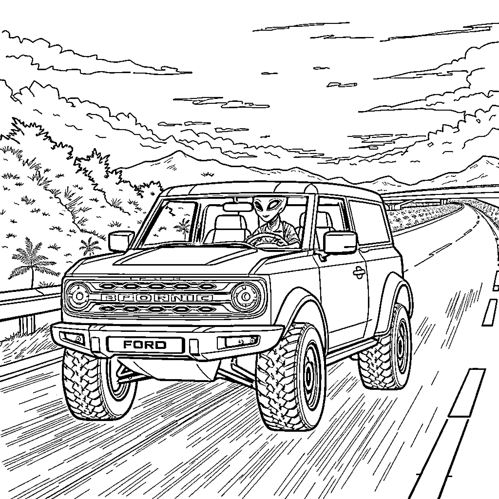 Ford Bronco adventure on the open road Coloring Page (free black-and-white line drawing printable PDF for all, from beginners to advanced learners, including children, teens, adults, and seniors)