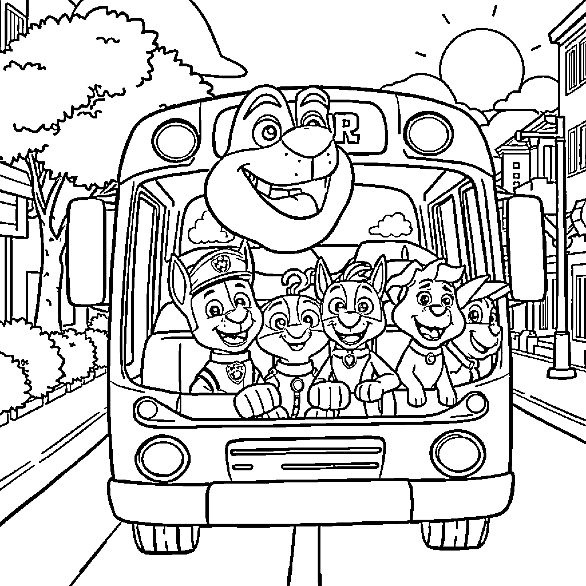 Rocky's Playful Pups Ride the Colorful Bus Coloring Page (free black-and-white line drawing printable PDF for all, from beginners to advanced learners, including children, teens, adults, and seniors)