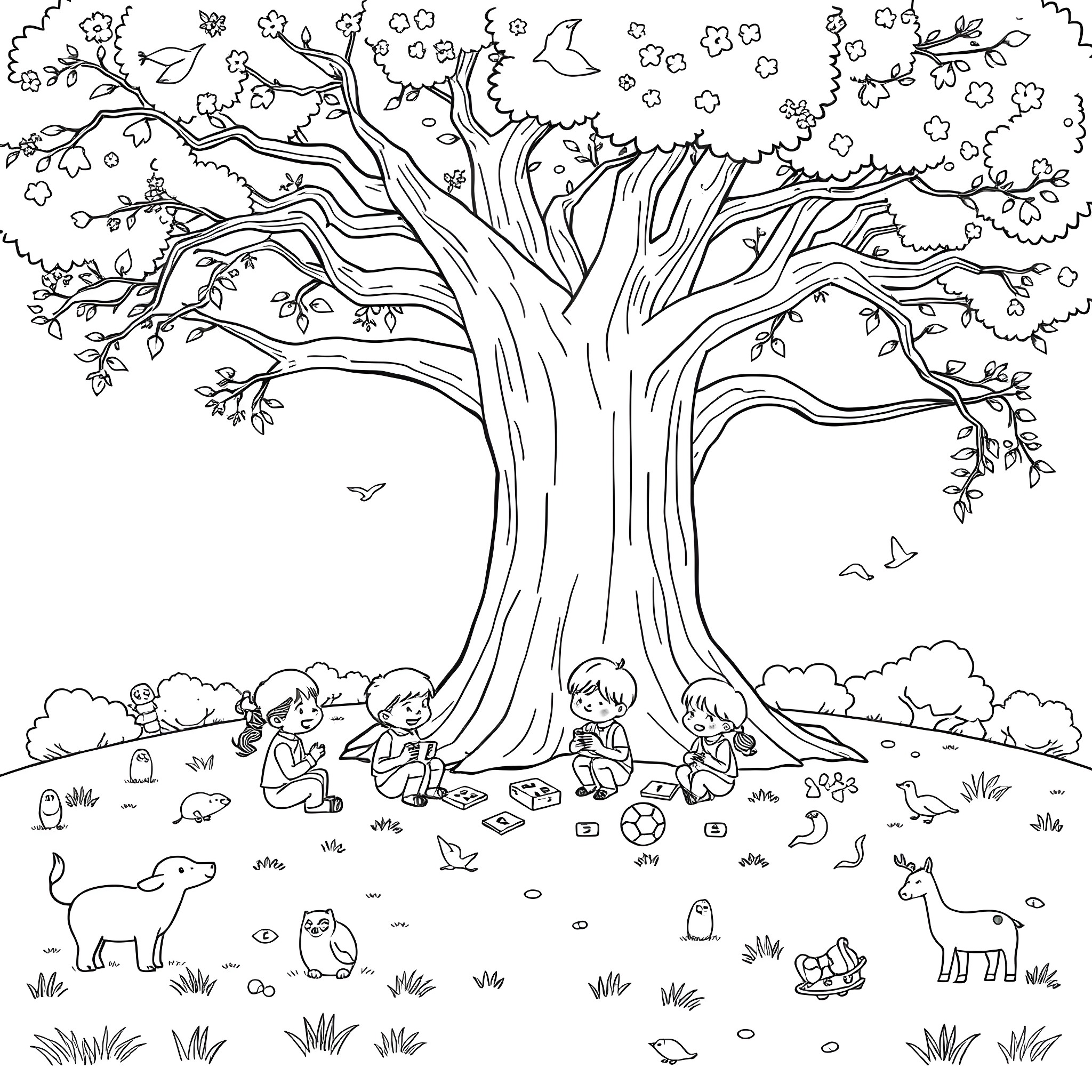 Child playing under a large tree in nature Coloring Page (free black-and-white line drawing printable PDF for all, from beginners to advanced learners, including children, teens, adults, and seniors)