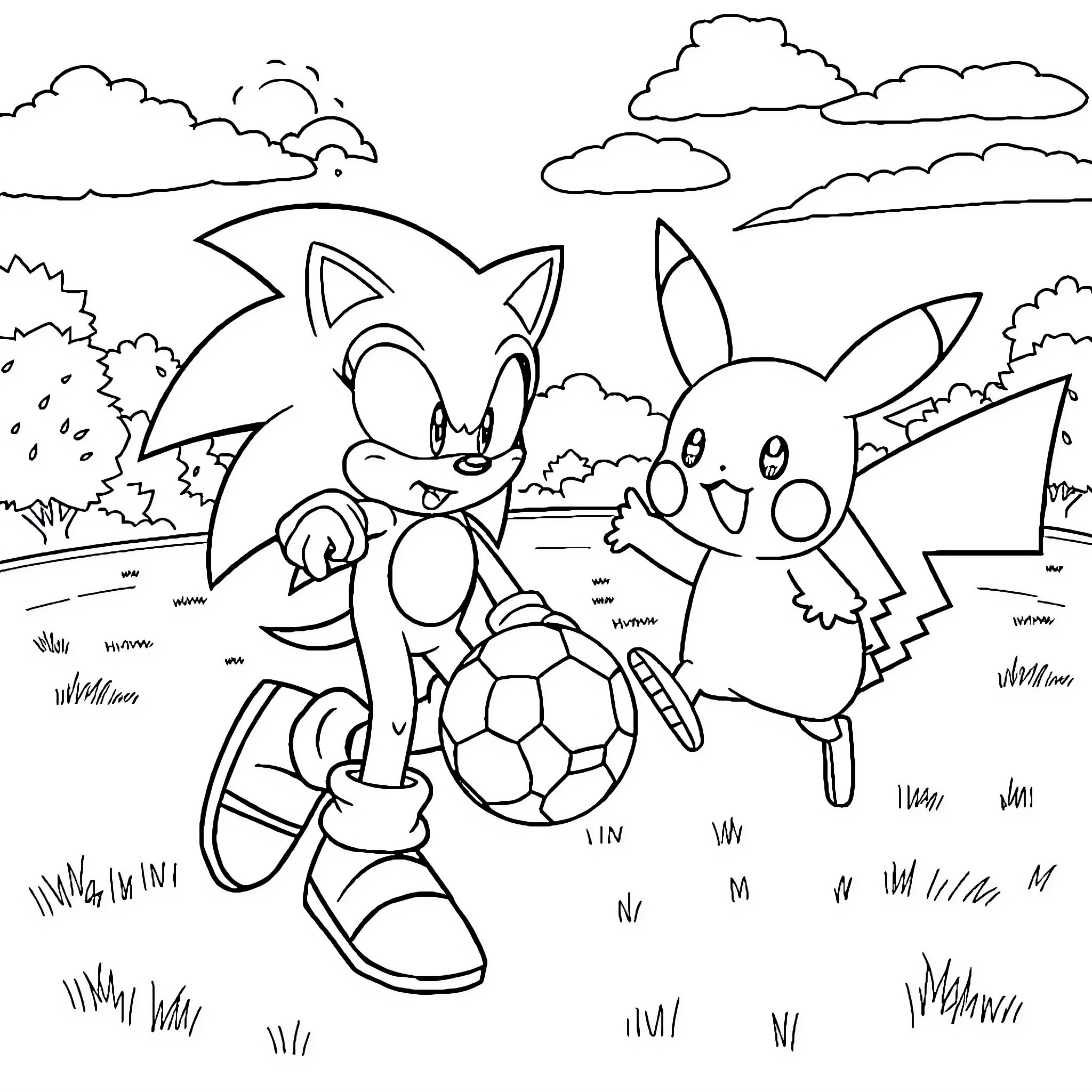 Sonic characters playing soccer in the park Coloring Page (free black-and-white line drawing printable PDF for all, from beginners to advanced learners, including children, teens, adults, and seniors)