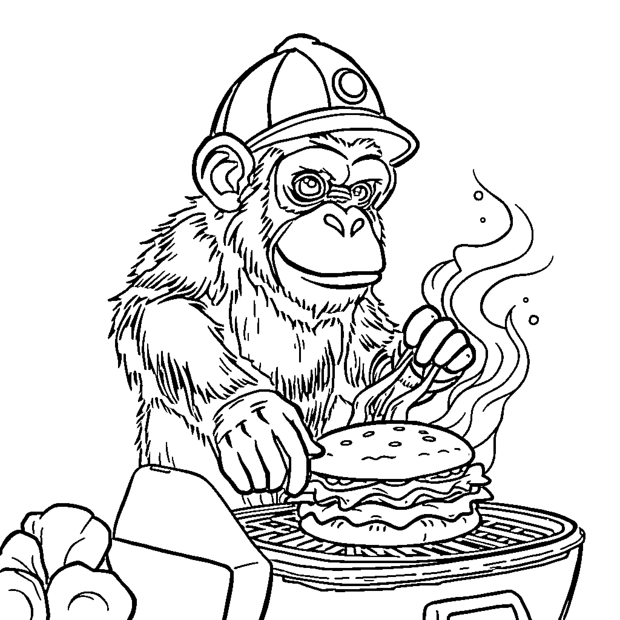 Monkey enjoying a barbecue meal Coloring Page (free black-and-white line drawing printable PDF for all, from beginners to advanced learners, including children, teens, adults, and seniors)
