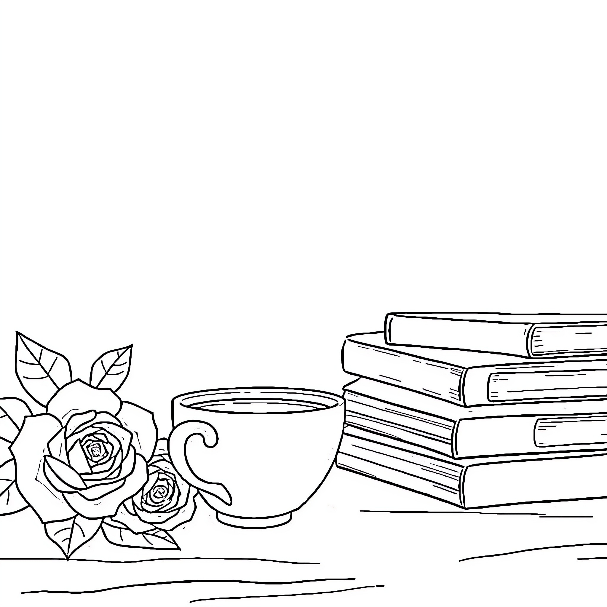 Coffee and Books - A Peaceful Afternoon Coloring Page (free black-and-white line drawing printable PDF for all, from beginners to advanced learners, including children, teens, adults, and seniors)