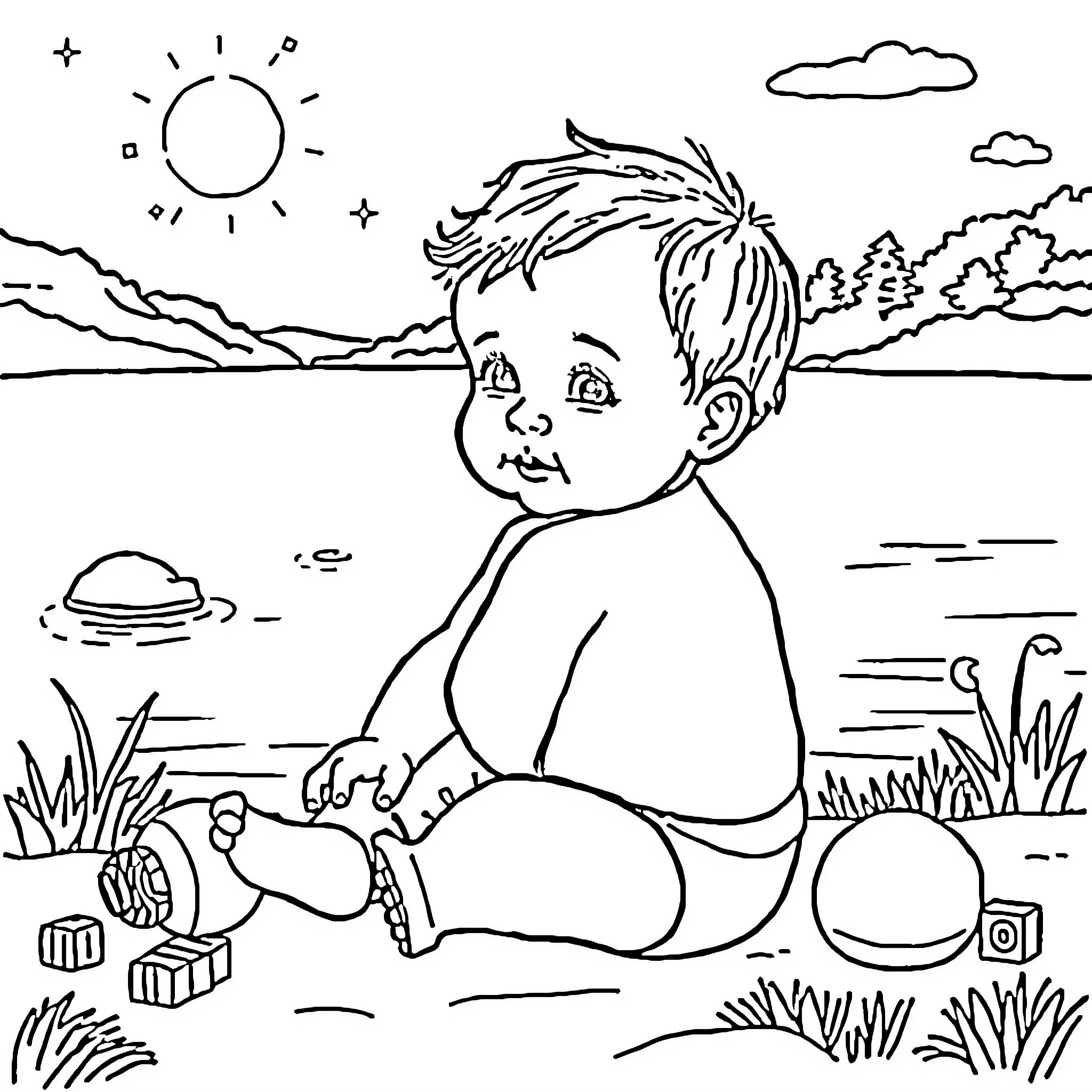 Baby playing happily by the lake Coloring Page (free black-and-white line drawing printable PDF for all, from beginners to advanced learners, including children, teens, adults, and seniors)