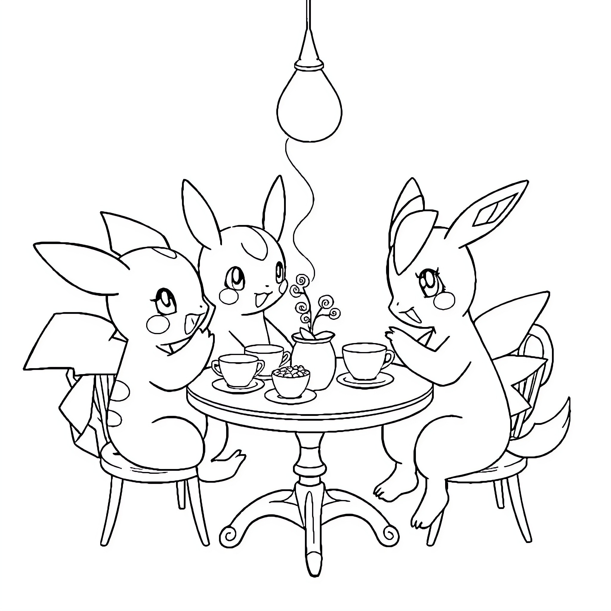 Pokémon characters enjoying a tea party Coloring Page (free black-and-white line drawing printable PDF for all, from beginners to advanced learners, including children, teens, adults, and seniors)