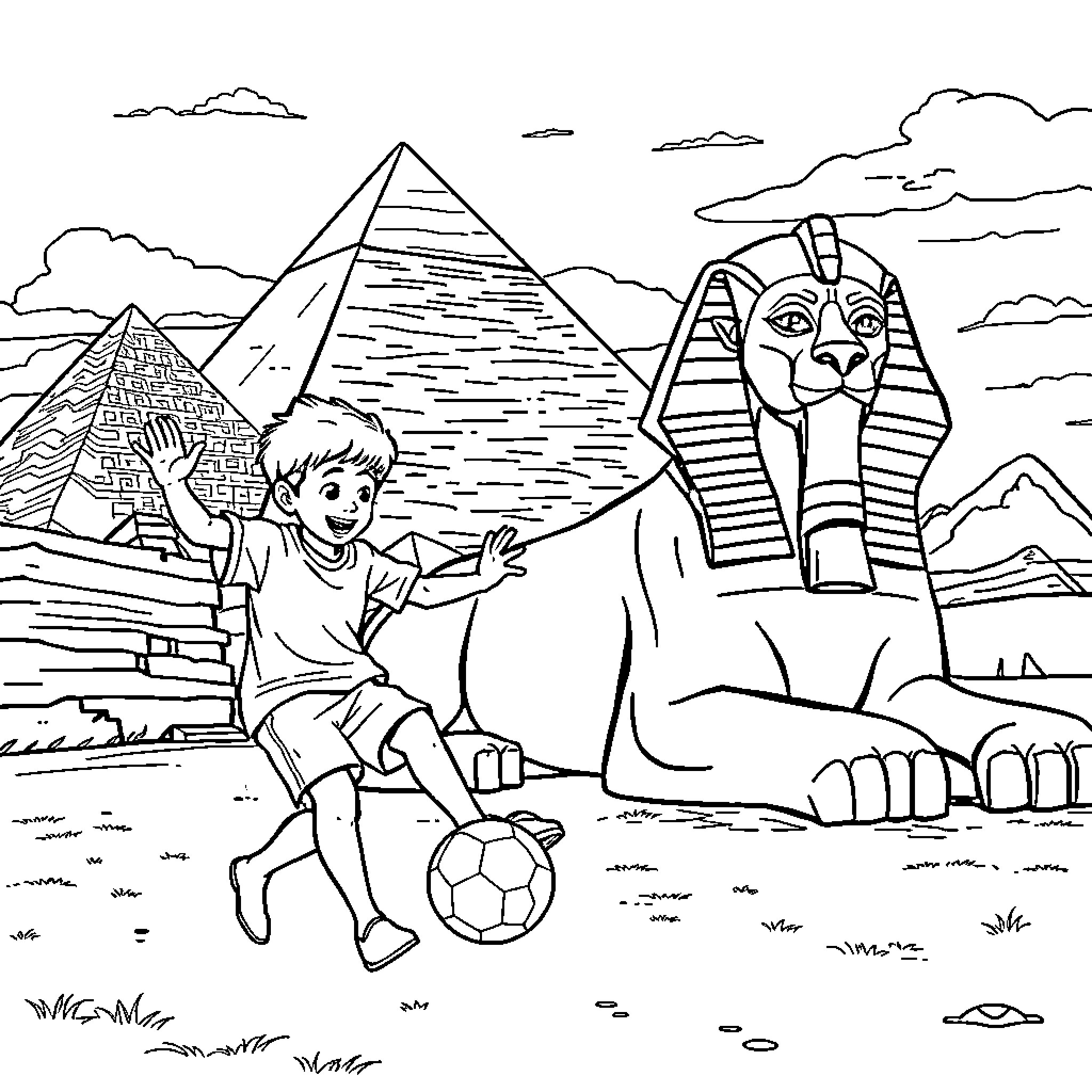Boy playing soccer in front of ancient Egyptian landmarks Coloring Page (free black-and-white line drawing printable PDF for all, from beginners to advanced learners, including children, teens, adults, and seniors)
