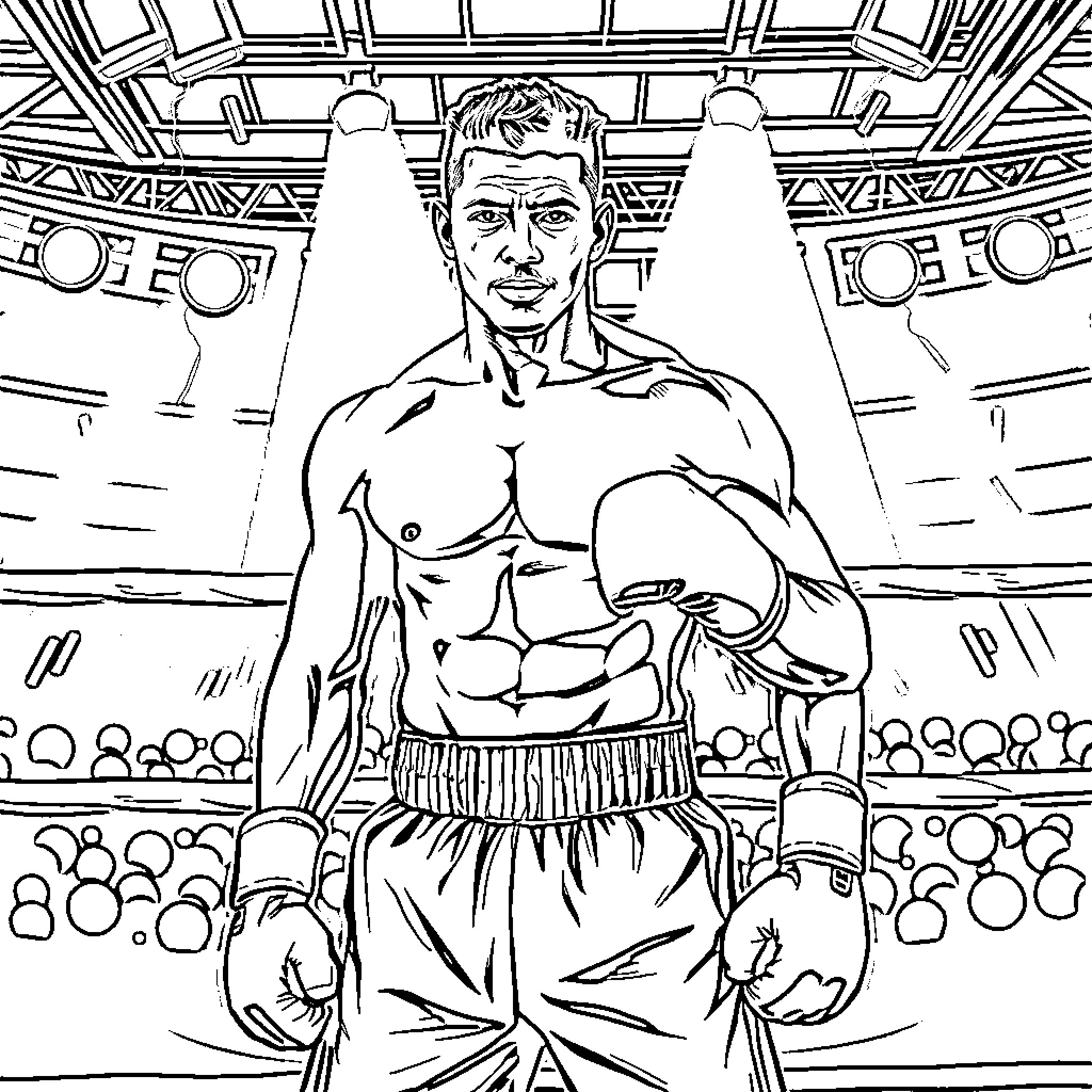 Fabio Wardley, a muscular boxer in the ring Coloring Page (free black-and-white line drawing printable PDF for all, from beginners to advanced learners, including children, teens, adults, and seniors)