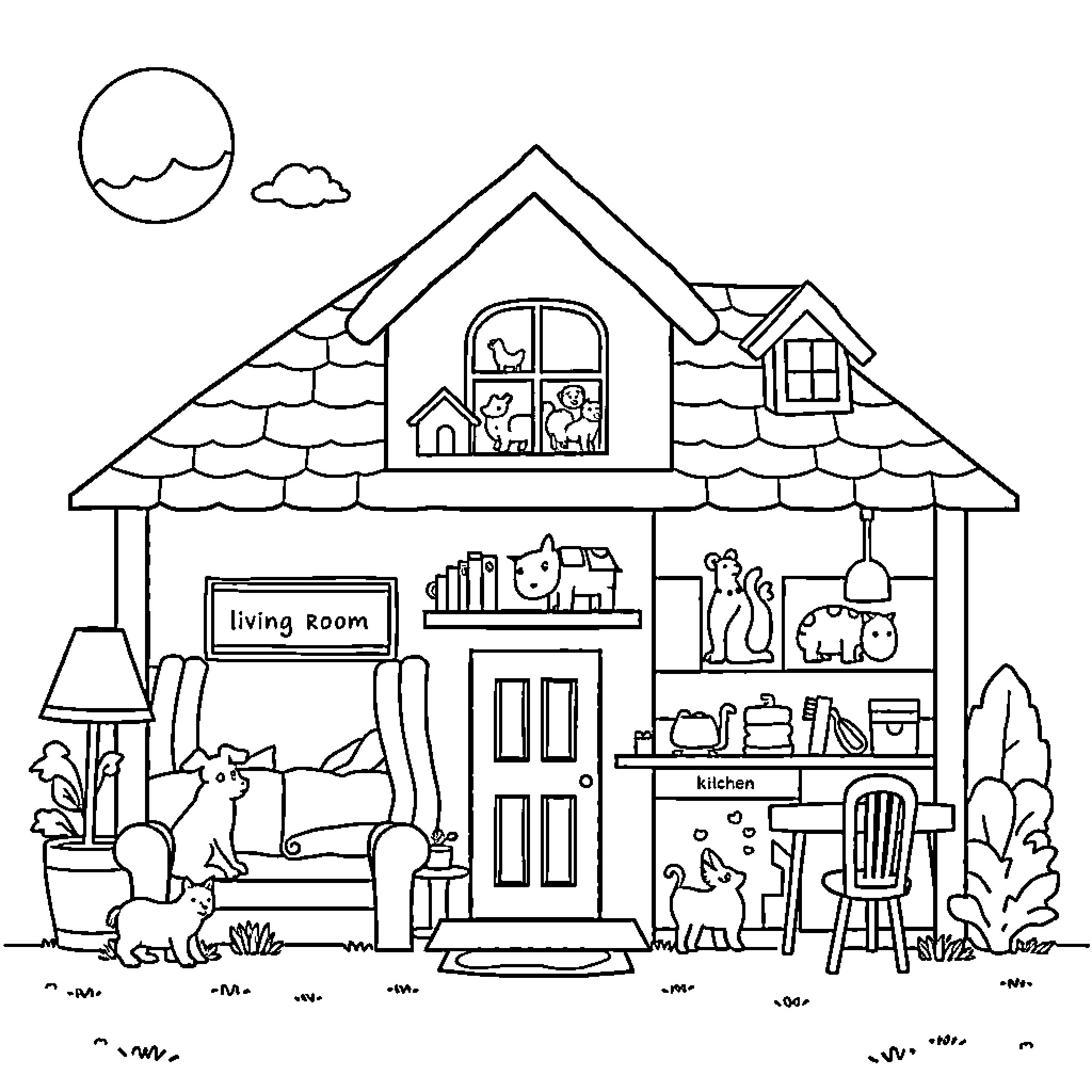 House with Lively Scenes and Inhabitants Coloring Page (free black-and-white line drawing printable PDF for all, from beginners to advanced learners, including children, teens, adults, and seniors)