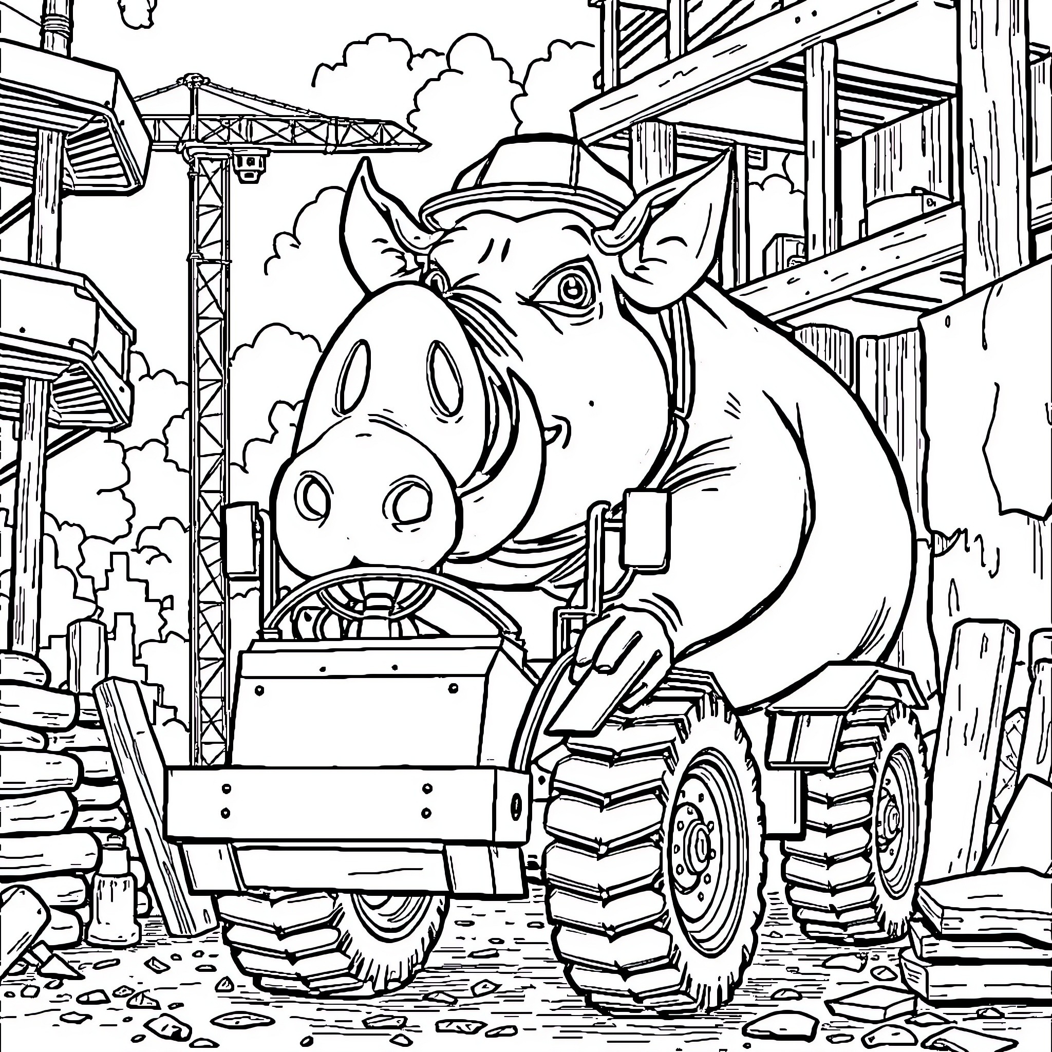 Vache operating heavy machinery at a construction site Coloring Page (free black-and-white line drawing printable PDF for all, from beginners to advanced learners, including children, teens, adults, and seniors)