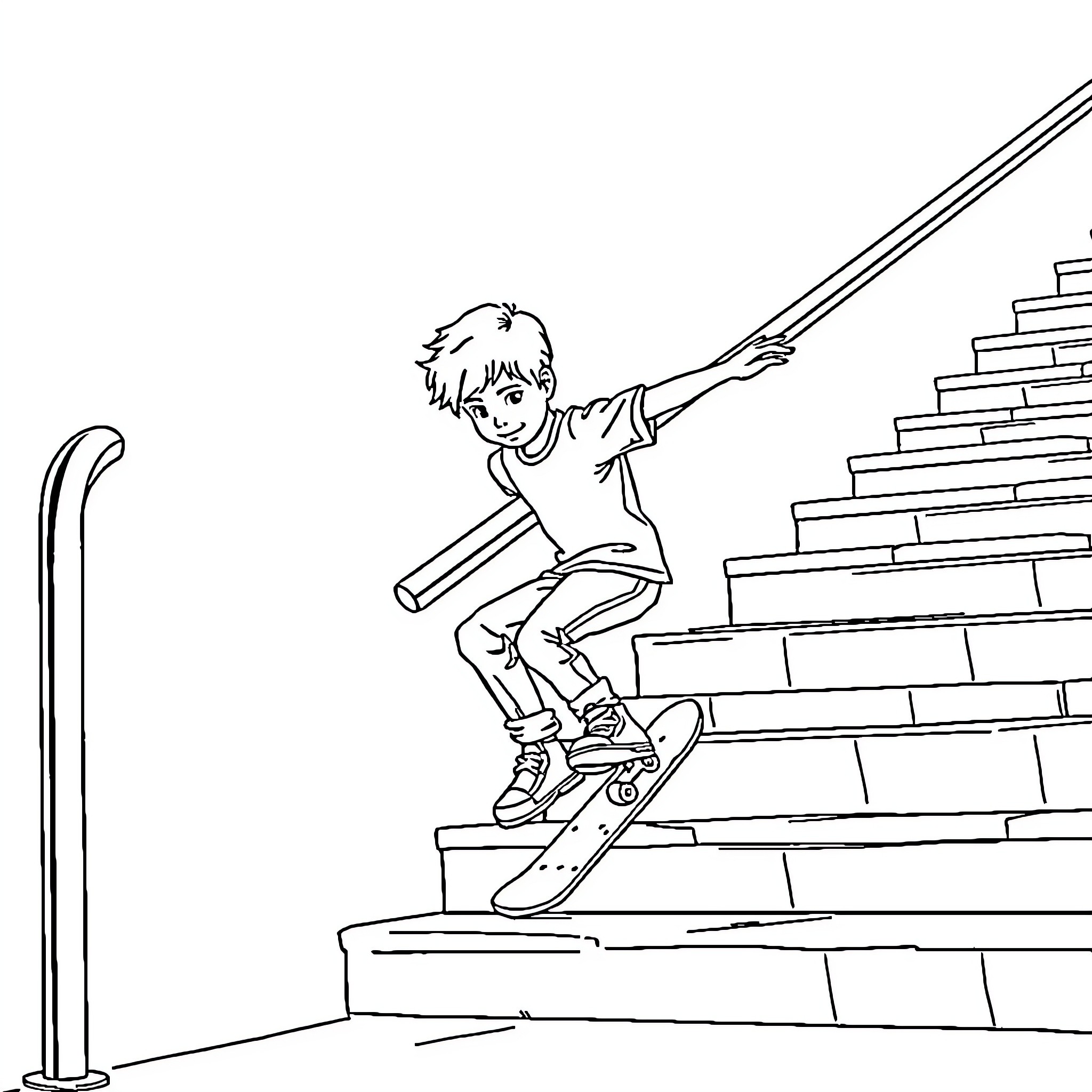 Boy skateboarding down staircase Coloring Page (free black-and-white line drawing printable PDF for all, from beginners to advanced learners, including children, teens, adults, and seniors)