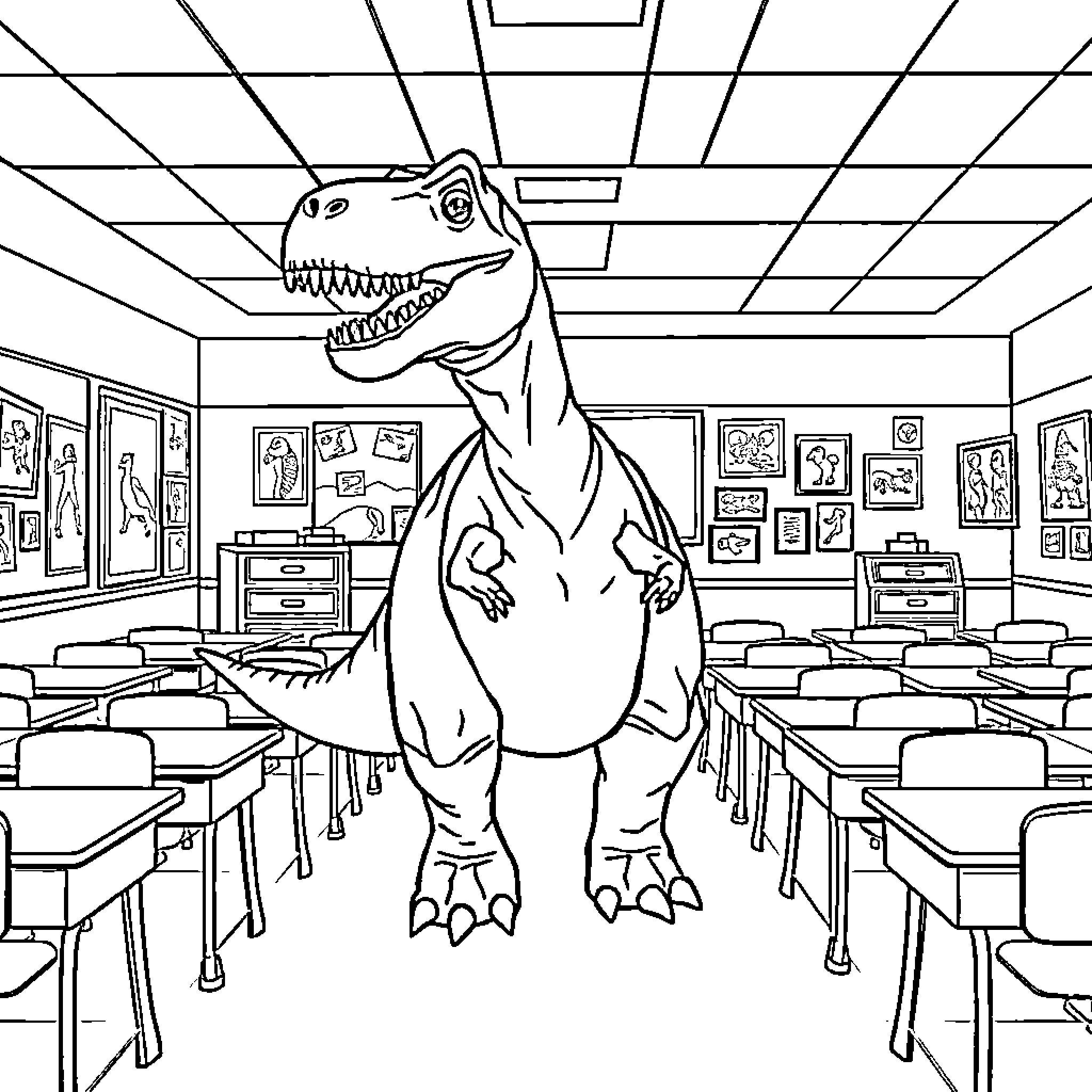 Dinosaur standing proudly in classroom Coloring Page (free black-and-white line drawing printable PDF for all, from beginners to advanced learners, including children, teens, adults, and seniors)