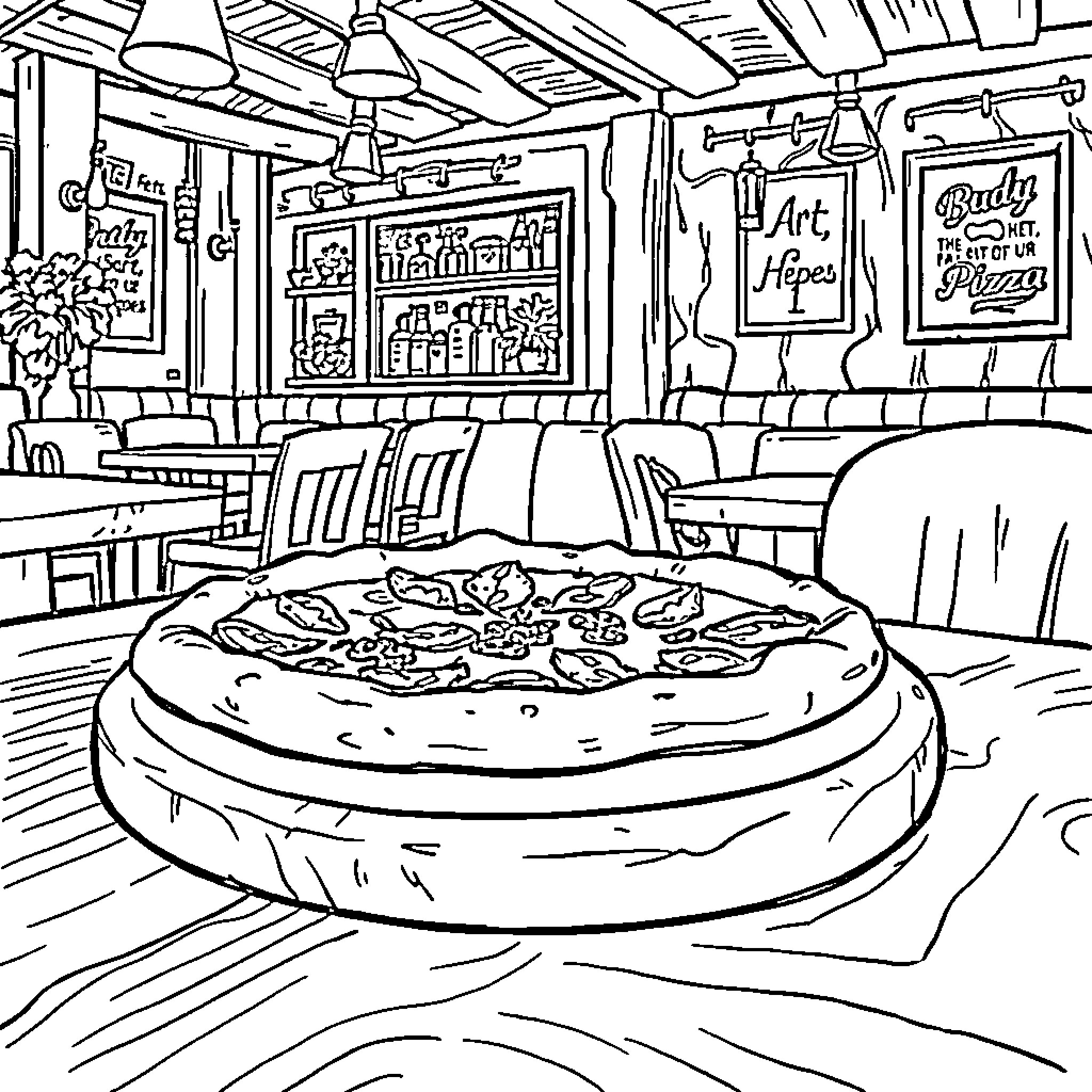 Pizza in a cozy restaurant setting Coloring Page (free black-and-white line drawing printable PDF for all, from beginners to advanced learners, including children, teens, adults, and seniors)