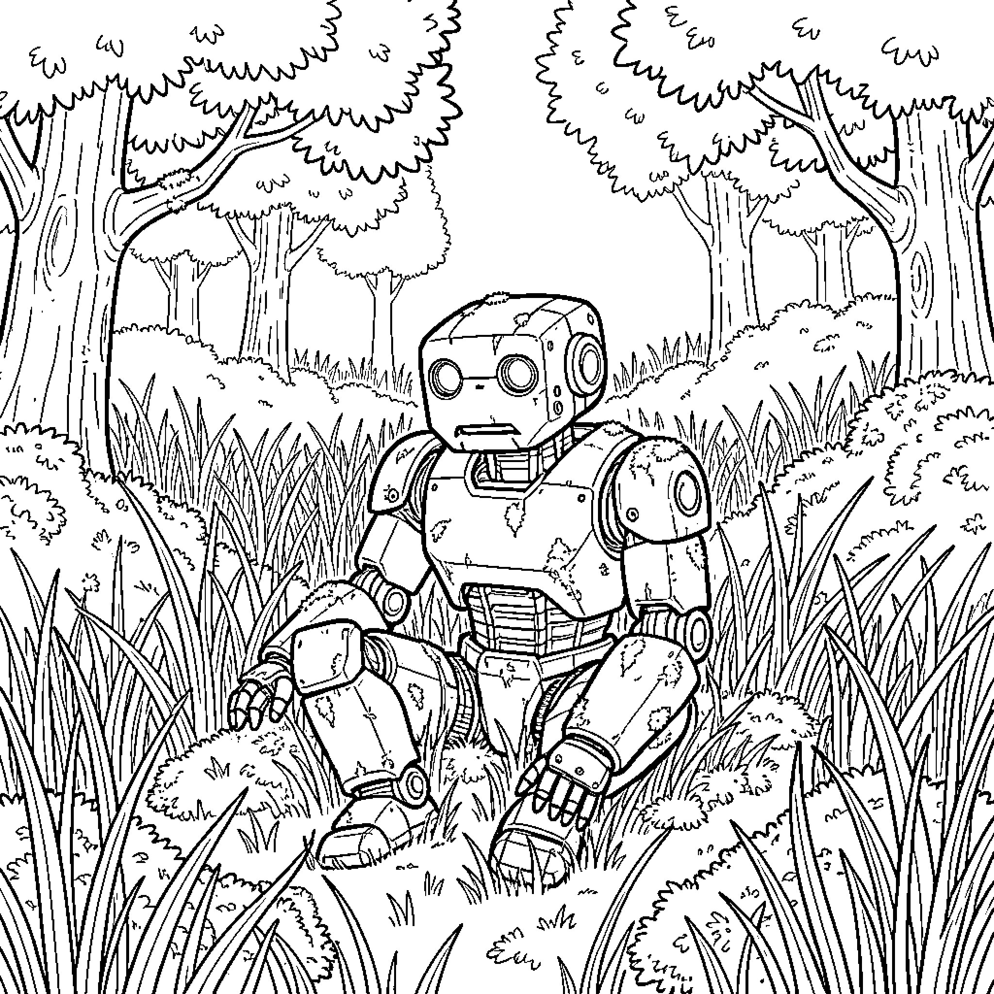 Robot sitting alone in a lush forest Coloring Page (free black-and-white line drawing printable PDF for all, from beginners to advanced learners, including children, teens, adults, and seniors)
