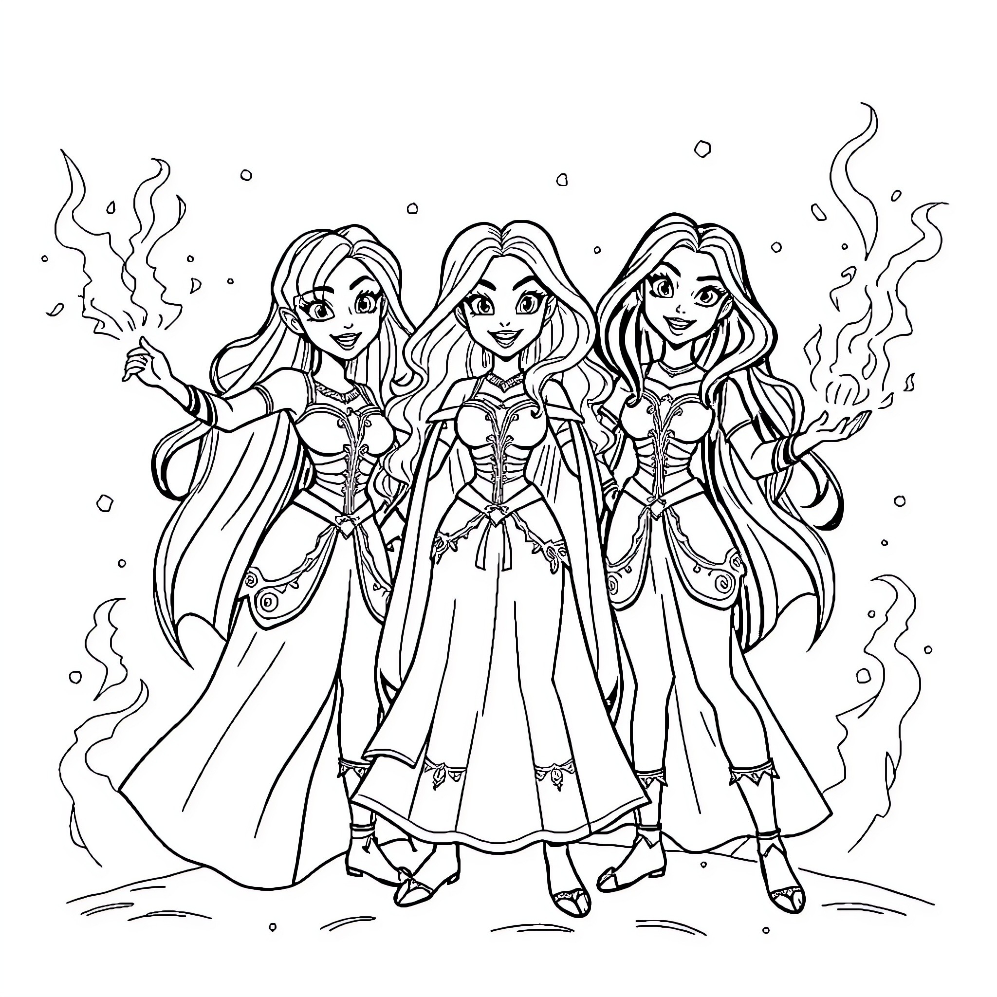 Charmed Ones in Enchanting Attire and Expressions Coloring Page (free black-and-white line drawing printable PDF for all, from beginners to advanced learners, including children, teens, adults, and seniors)