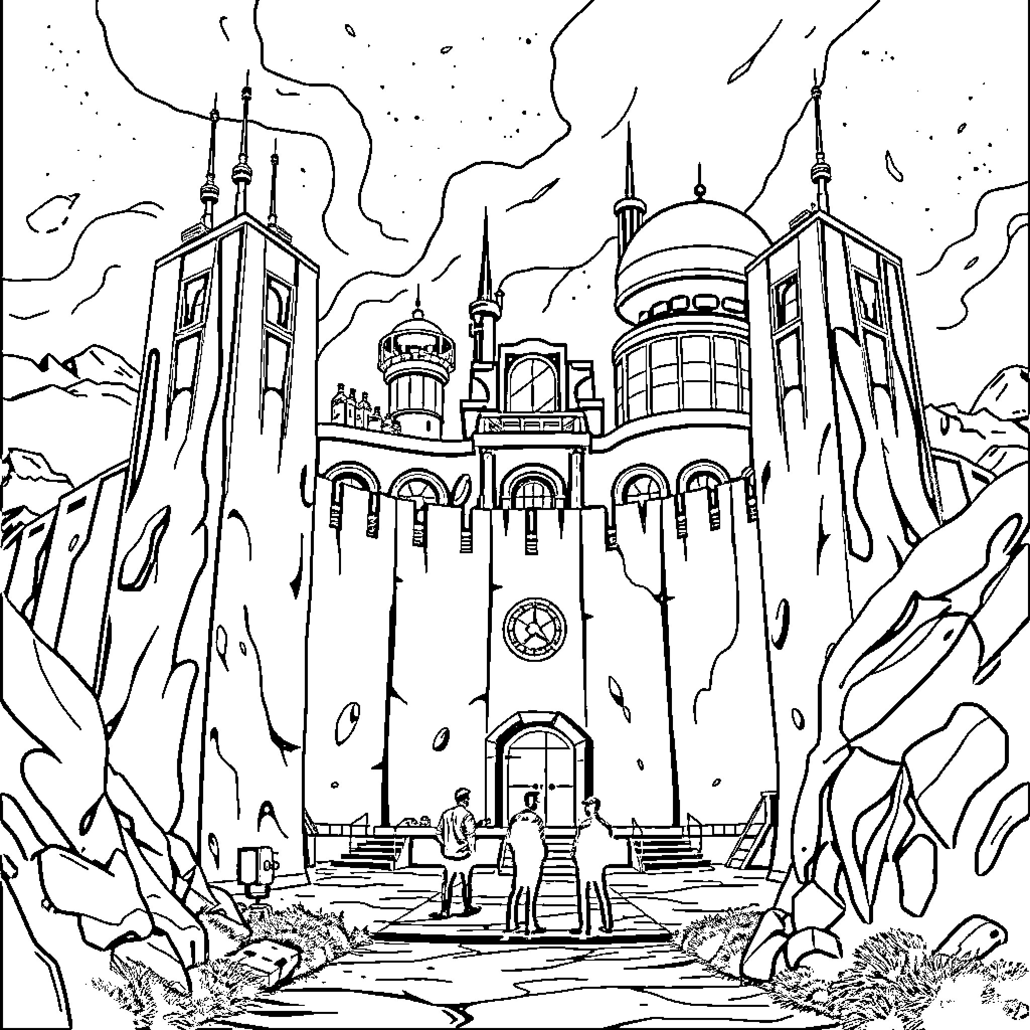 Venture Brothers: Ornate Fantasy Castle Landscape Coloring Page (free black-and-white line drawing printable PDF for all, from beginners to advanced learners, including children, teens, adults, and seniors)