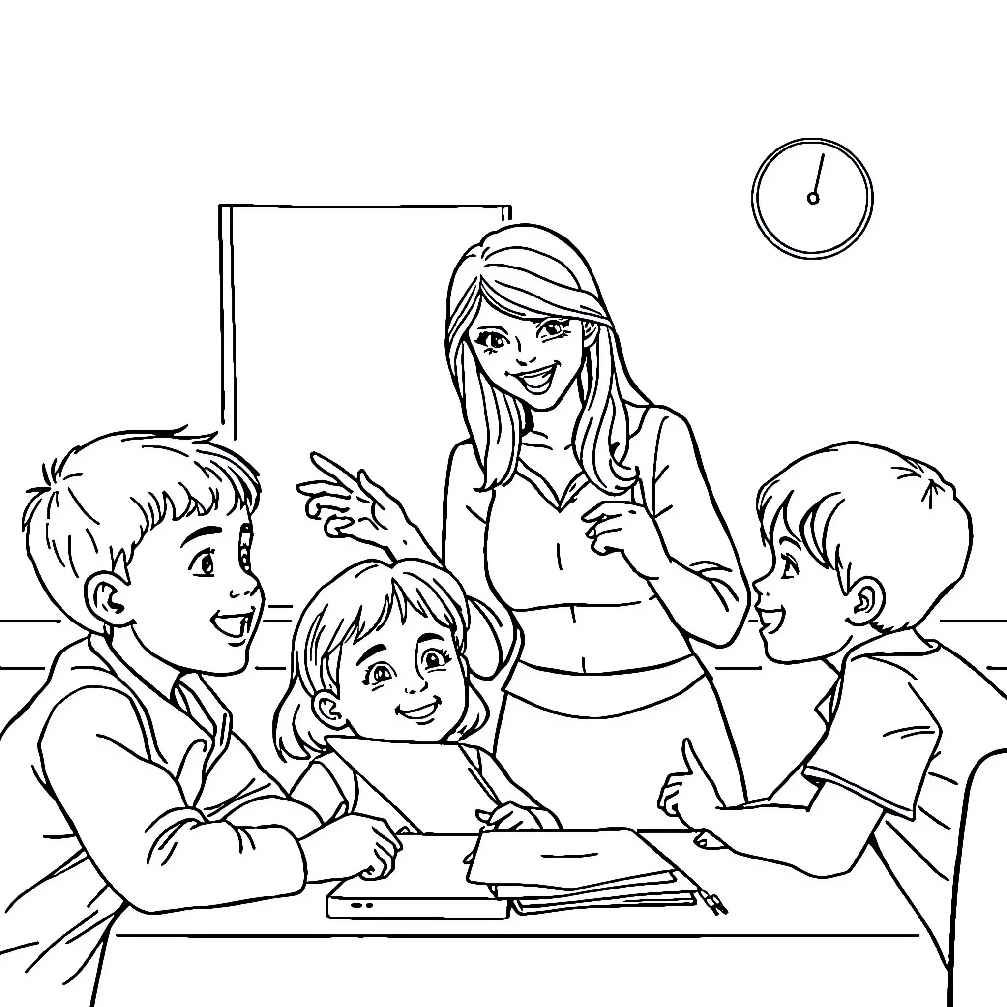 Teacher guiding students in the classroom Coloring Page (free black-and-white line drawing printable PDF for all, from beginners to advanced learners, including children, teens, adults, and seniors)