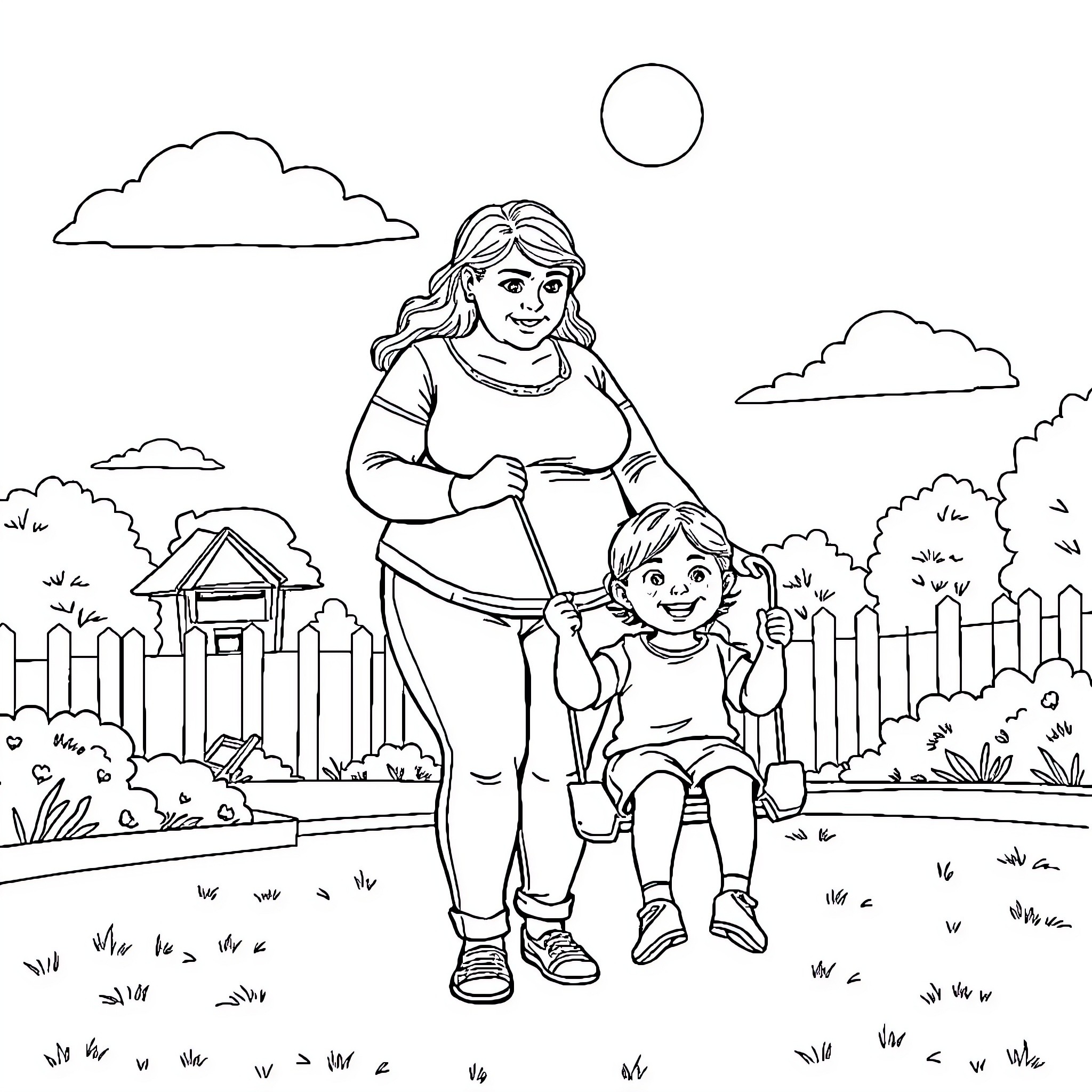 Mom enjoying outdoor time with child Coloring Page (free black-and-white line drawing printable PDF for all, from beginners to advanced learners, including children, teens, adults, and seniors)
