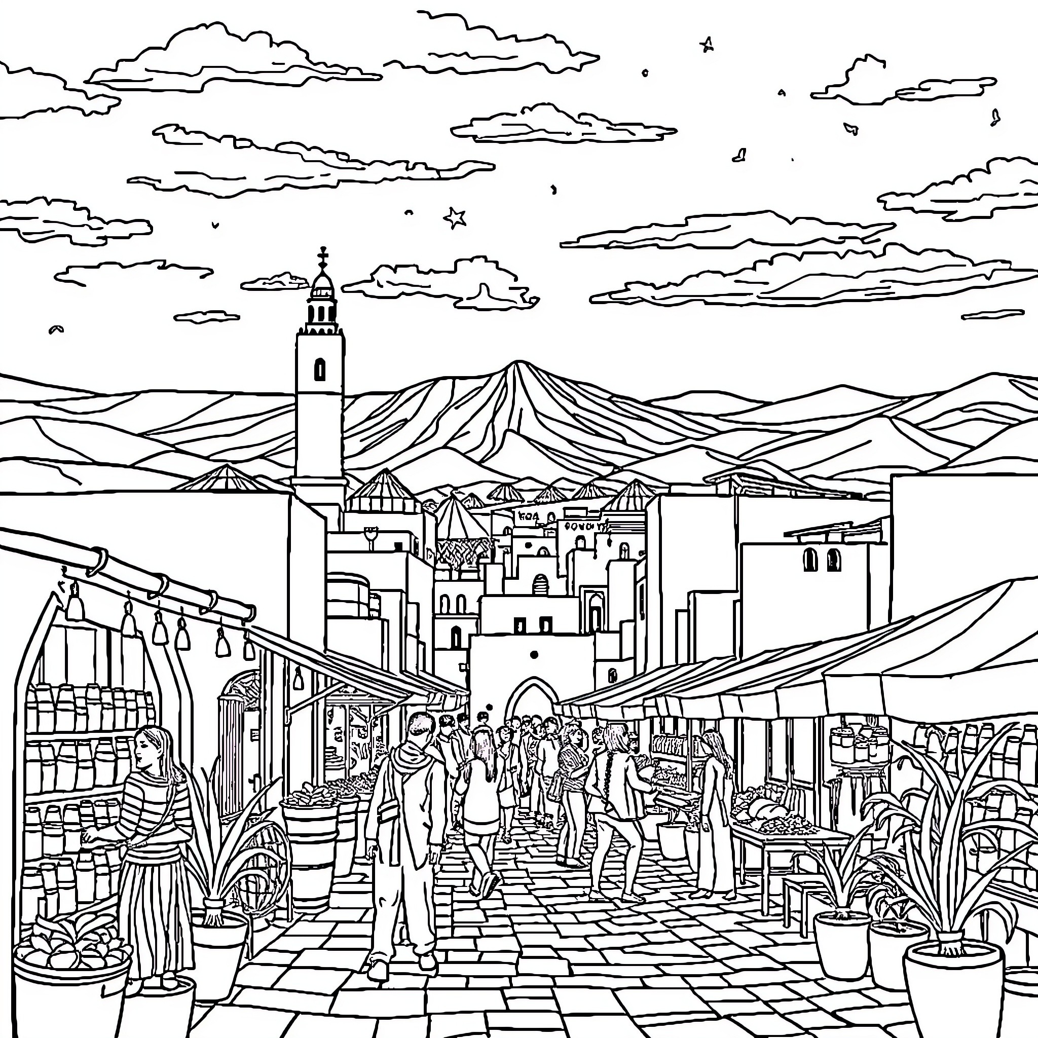 Morocco Street Market with Traditional Architecture Coloring Page (free black-and-white line drawing printable PDF for all, from beginners to advanced learners, including children, teens, adults, and seniors)