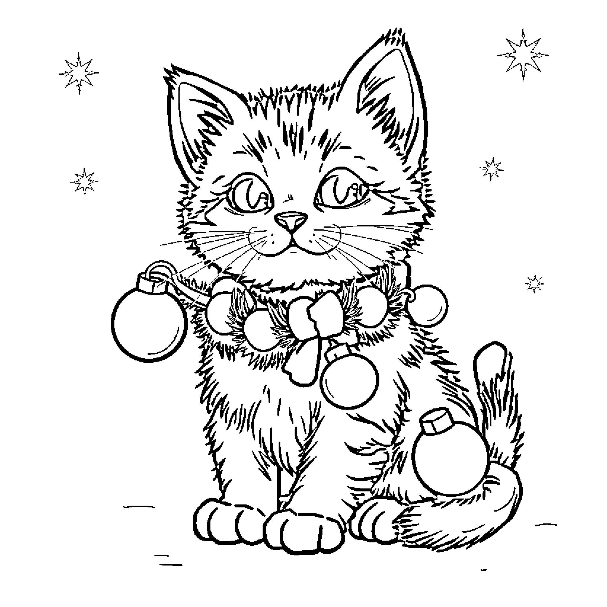 Cat with Ornaments in a Winter Scene Coloring Page (free black-and-white line drawing printable PDF for all, from beginners to advanced learners, including children, teens, adults, and seniors)