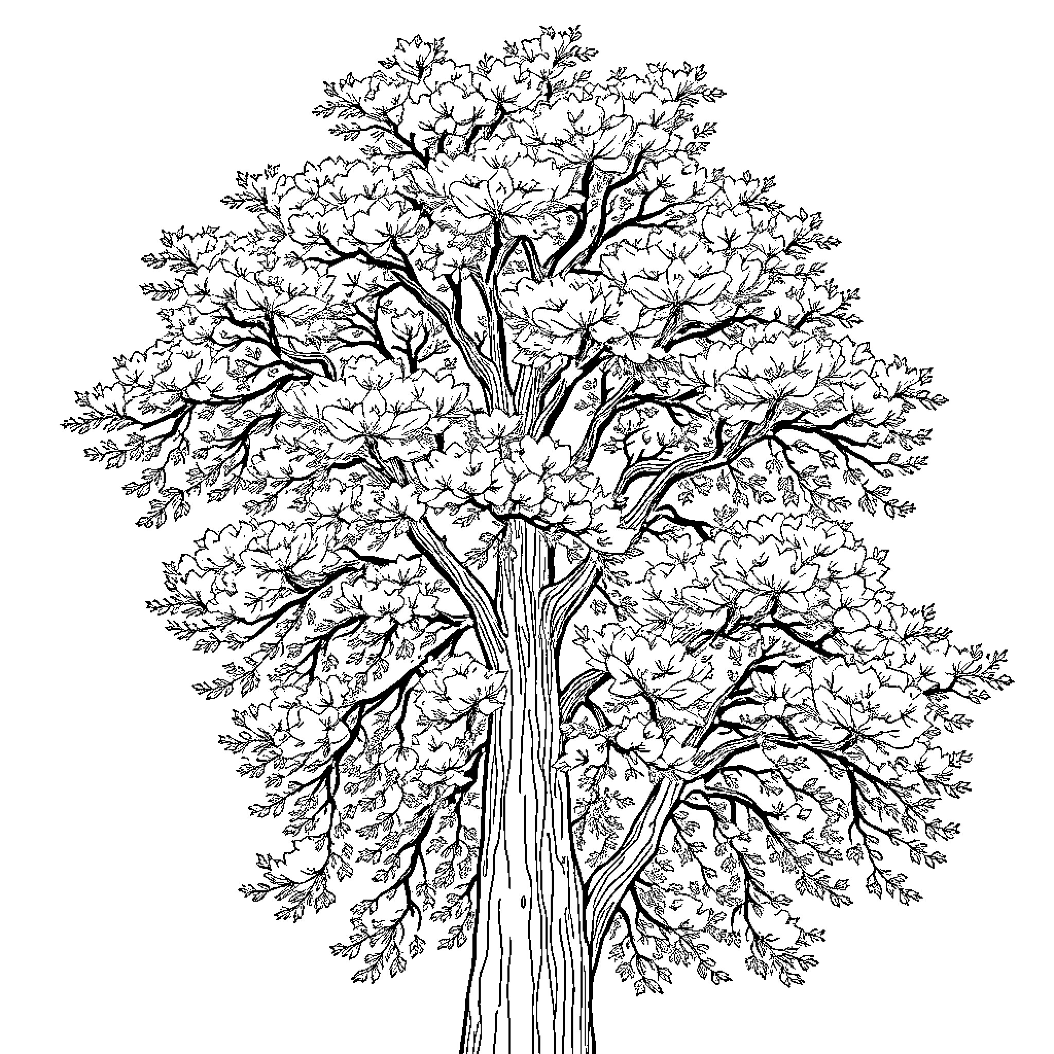 Tree with Flourishing Foliage Coloring Page (free black-and-white line drawing printable PDF for all, from beginners to advanced learners, including children, teens, adults, and seniors)