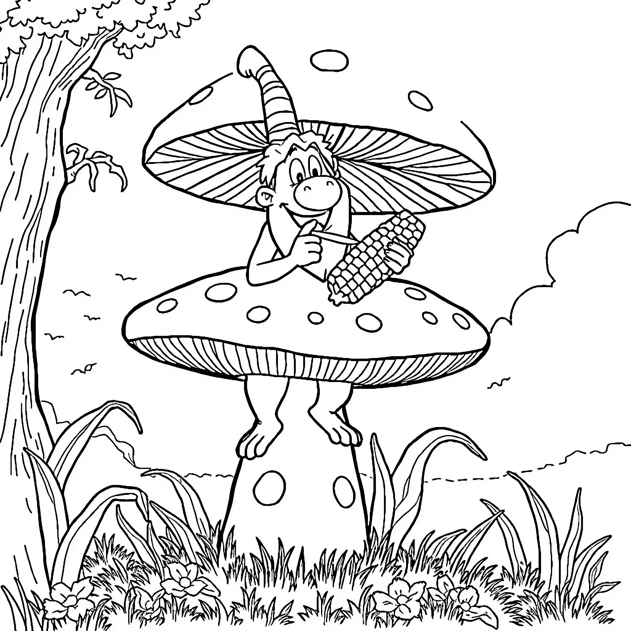 Dróg WHO sits on a giant mushroom in the forest Coloring Page (free black-and-white line drawing printable PDF for all, from beginners to advanced learners, including children, teens, adults, and seniors)