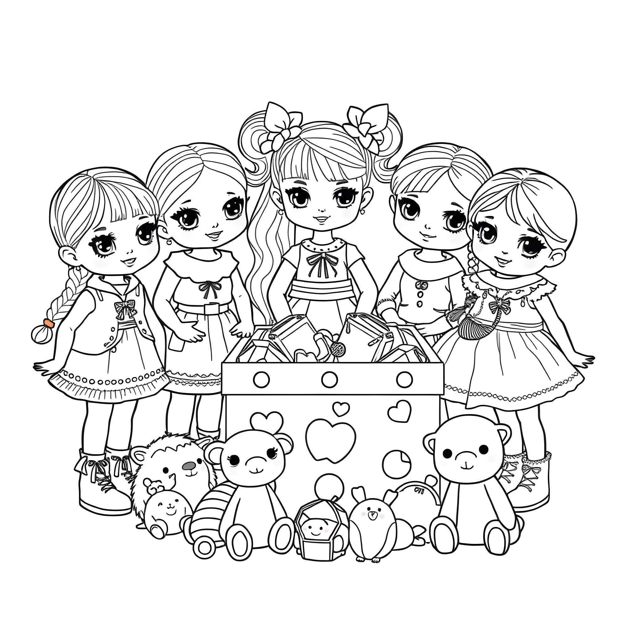 Doll playing with plush toys in a group Coloring Page (free black-and-white line drawing printable PDF for all, from beginners to advanced learners, including children, teens, adults, and seniors)