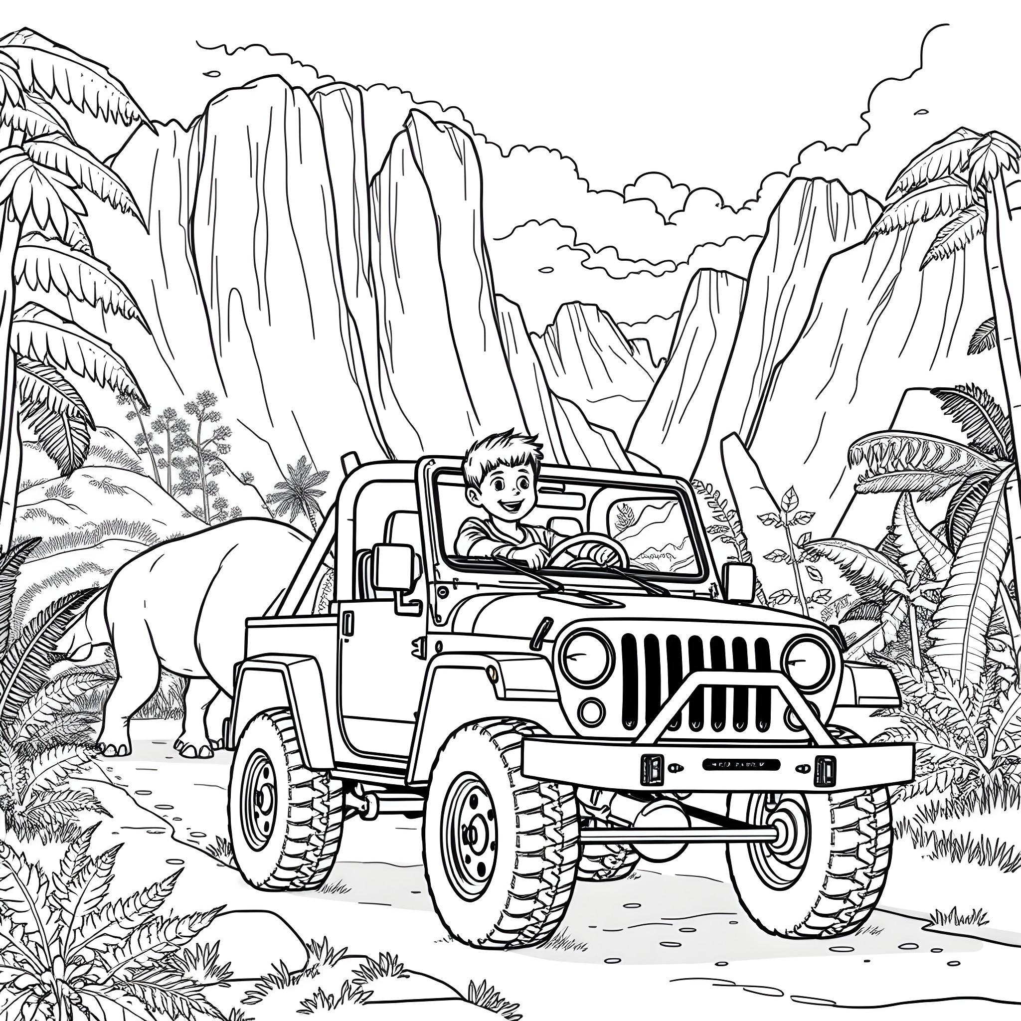 Boy driving a jeep through the jungle landscape Coloring Page (free black-and-white line drawing printable PDF for all, from beginners to advanced learners, including children, teens, adults, and seniors)