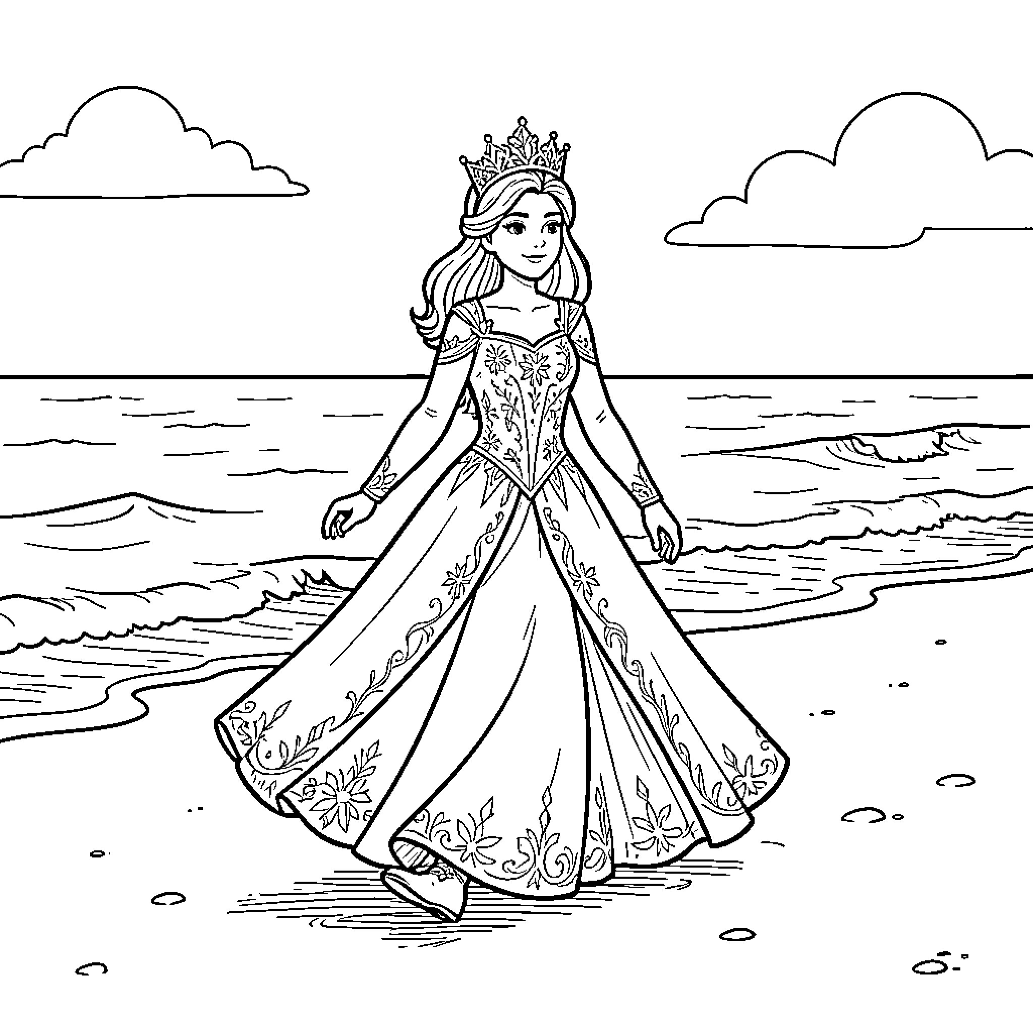 Queen in a royal gown walking along the beach Coloring Page (free black-and-white line drawing printable PDF for all, from beginners to advanced learners, including children, teens, adults, and seniors)