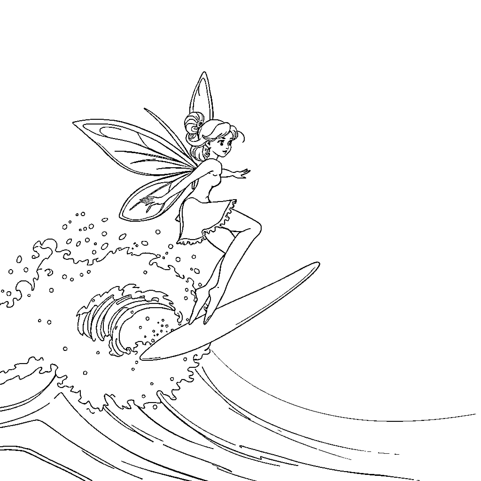 Fairy surfing on waves and water splashes Coloring Page (free black-and-white line drawing printable PDF for all, from beginners to advanced learners, including children, teens, adults, and seniors)