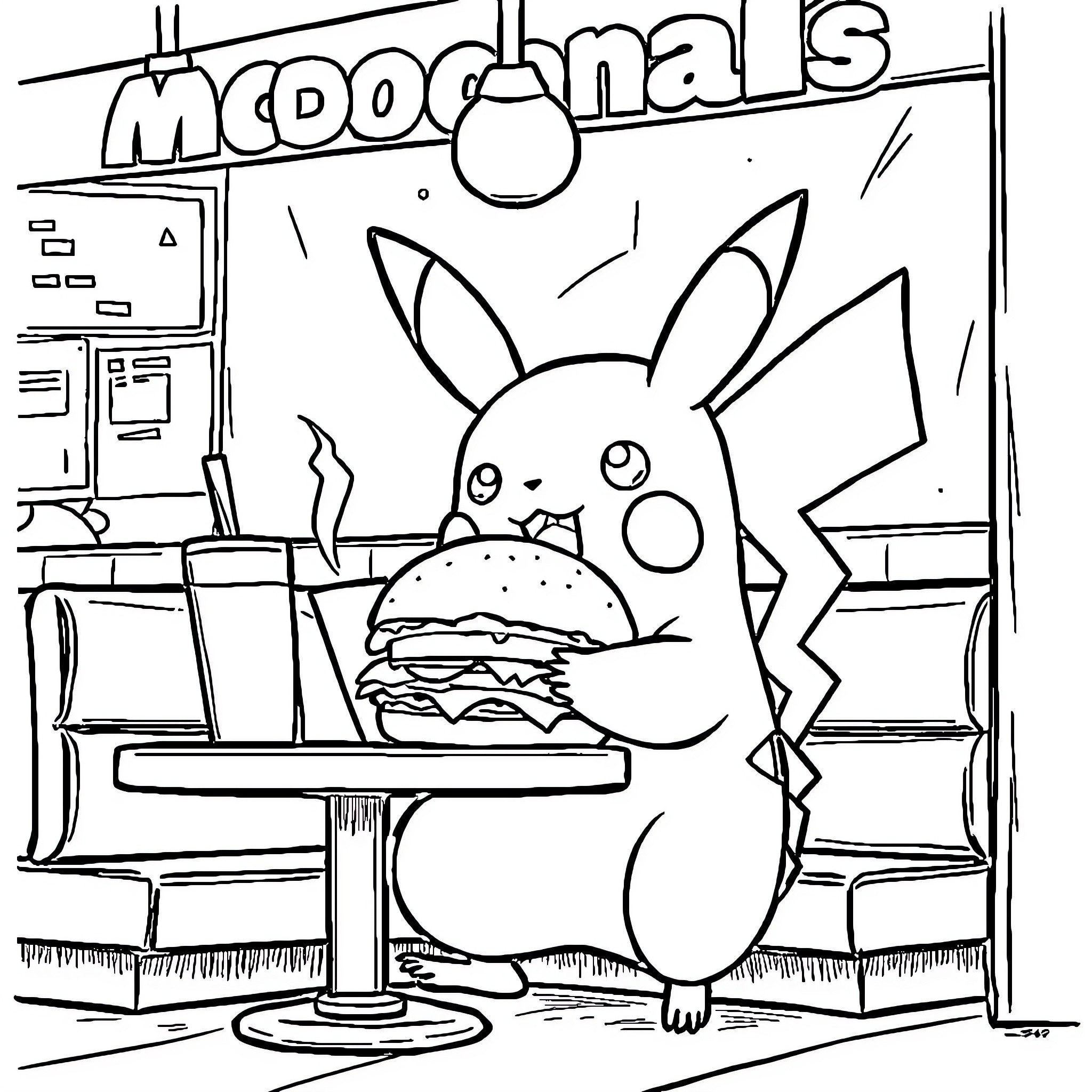 Pikachu enjoying a burger at the McDoogals Coloring Page (free black-and-white line drawing printable PDF for all, from beginners to advanced learners, including children, teens, adults, and seniors)