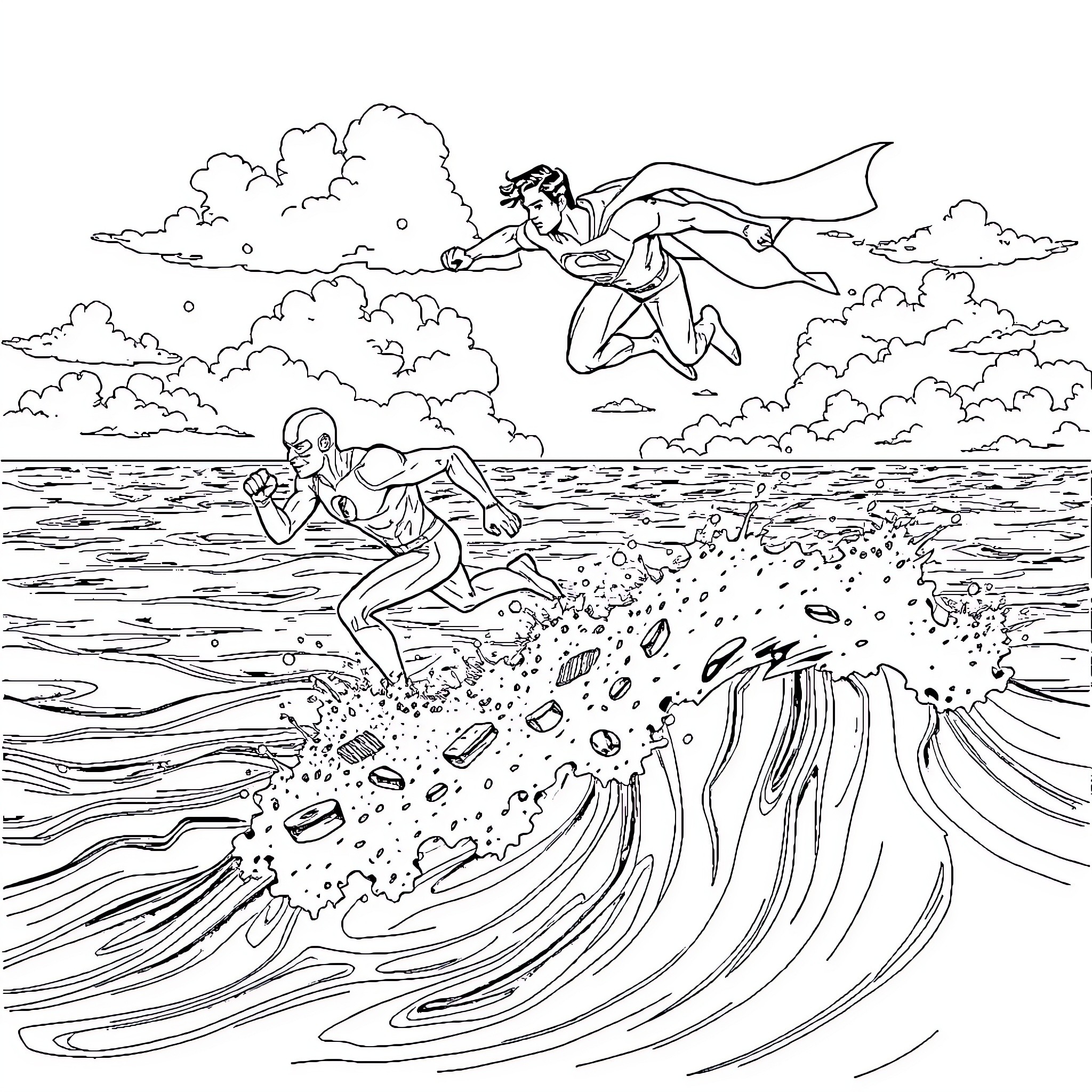 Superman soaring through the sky and surfing mighty waves Coloring Page (free black-and-white line drawing printable PDF for all, from beginners to advanced learners, including children, teens, adults, and seniors)