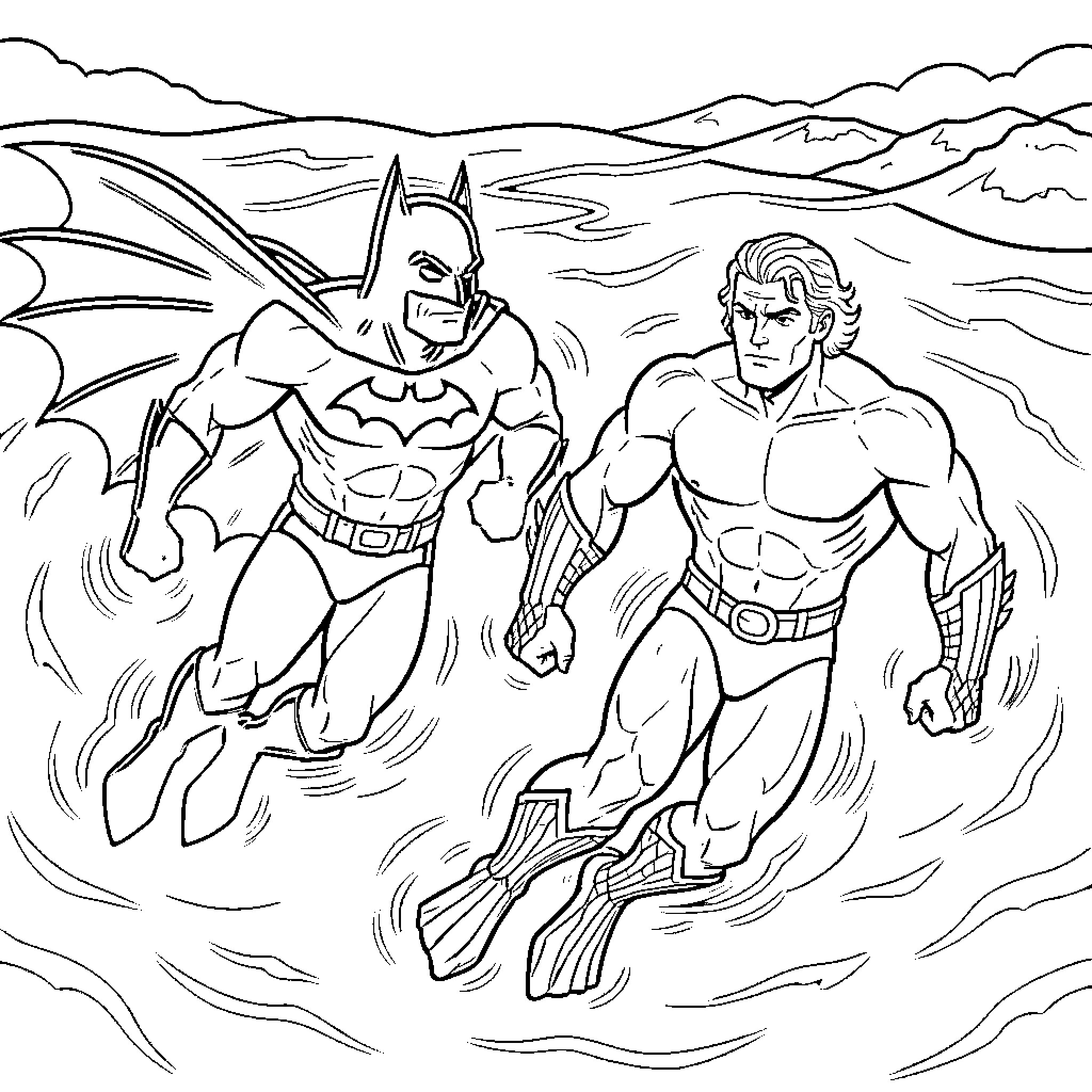 Batman and Superhero Racing Across the Landscape Coloring Page (free black-and-white line drawing printable PDF for all, from beginners to advanced learners, including children, teens, adults, and seniors)