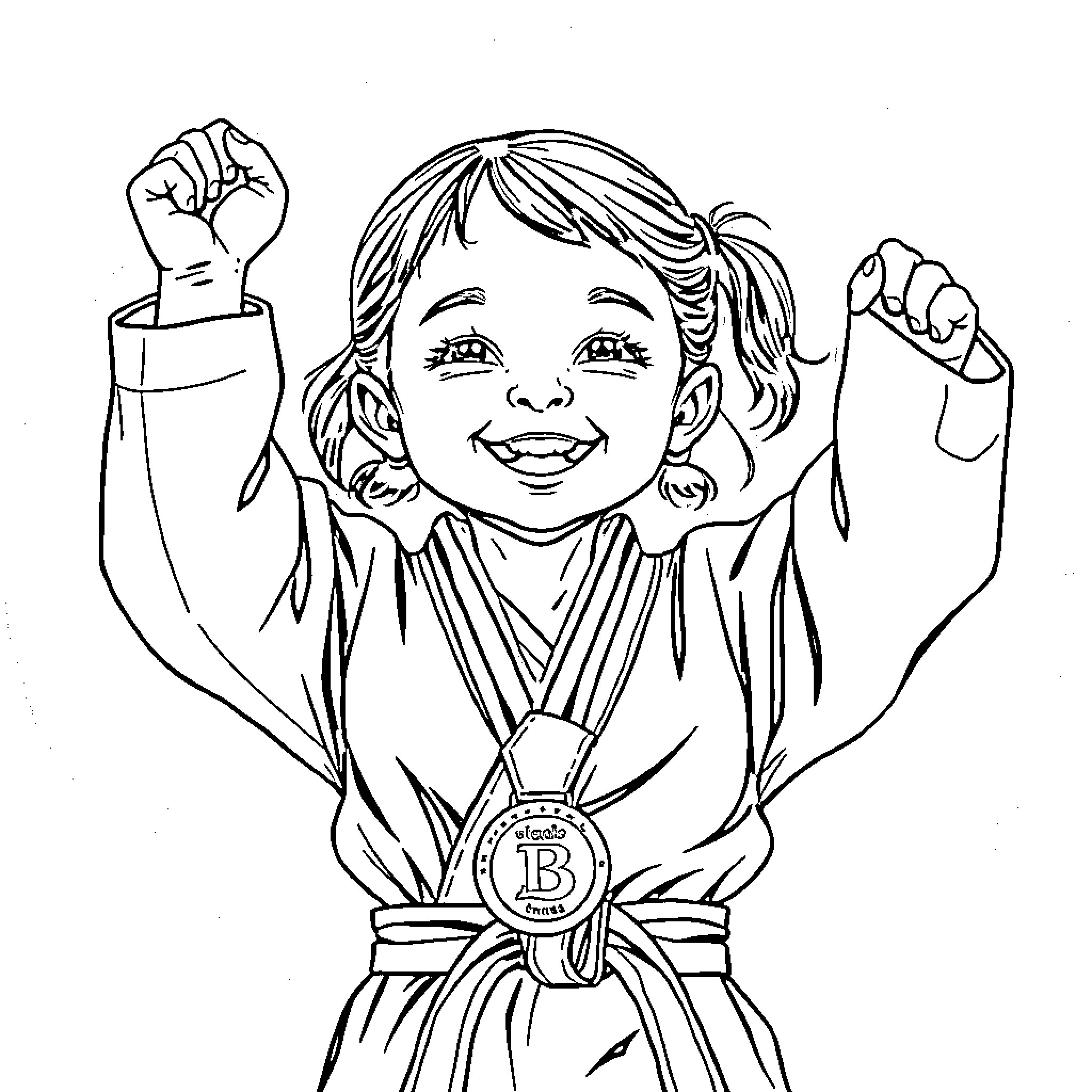 Girl Celebrating Win with Martial Arts Uniform Coloring Page (free black-and-white line drawing printable PDF for all, from beginners to advanced learners, including children, teens, adults, and seniors)