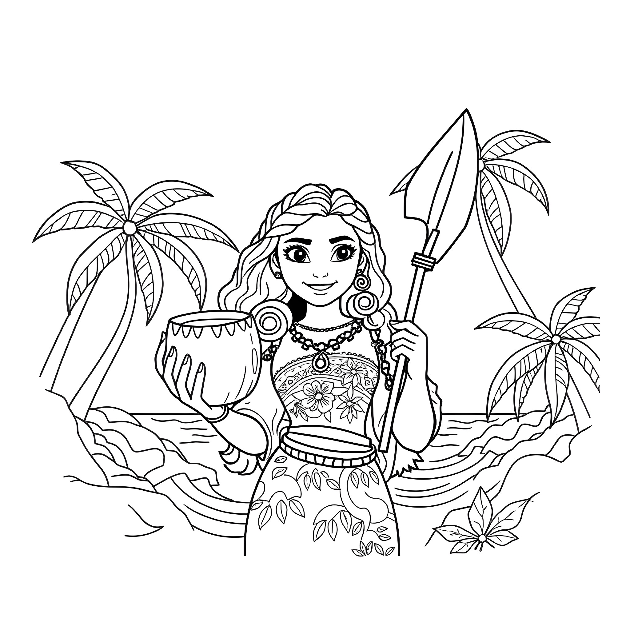 Coconut Island Adventure with Tropical Islander Coloring Page (free black-and-white line drawing printable PDF for all, from beginners to advanced learners, including children, teens, adults, and seniors)
