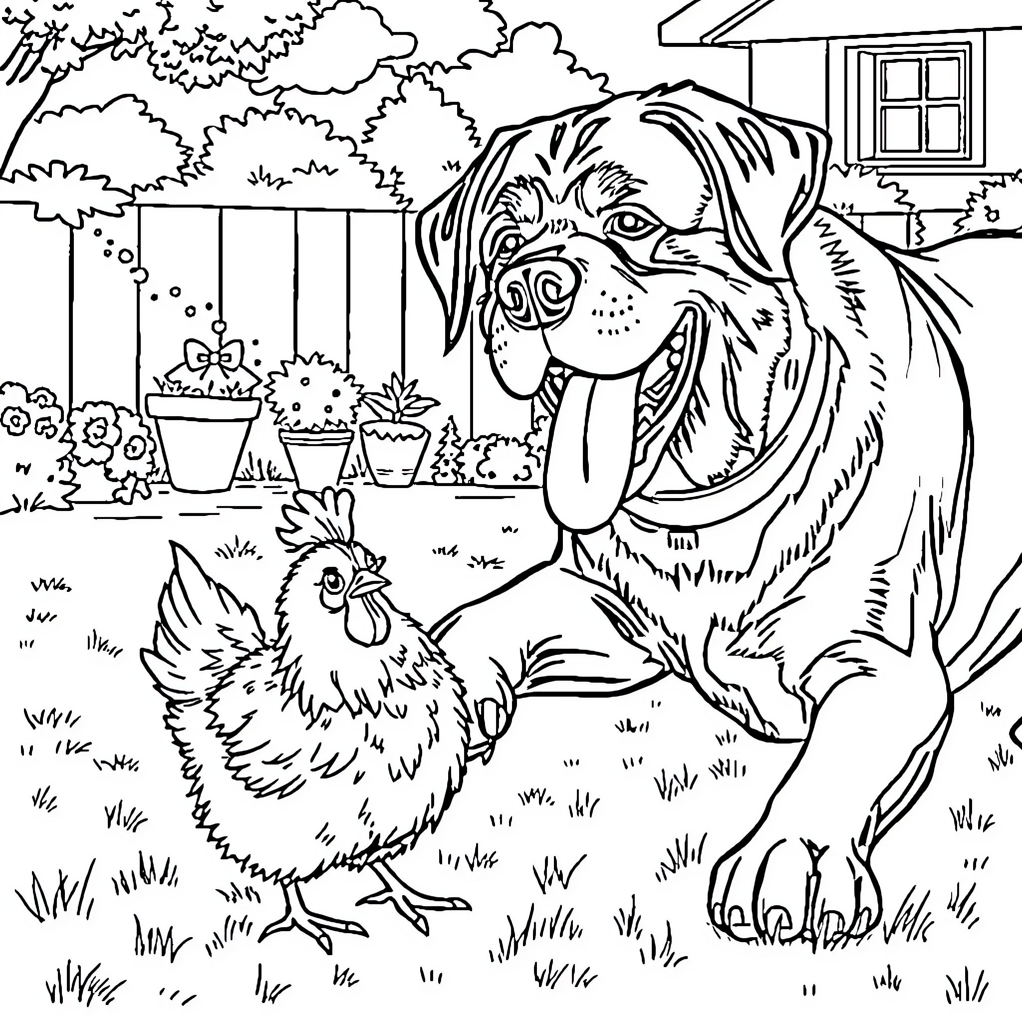 Rottweiler admiring a curious chicken in the garden Coloring Page (free black-and-white line drawing printable PDF for all, from beginners to advanced learners, including children, teens, adults, and seniors)