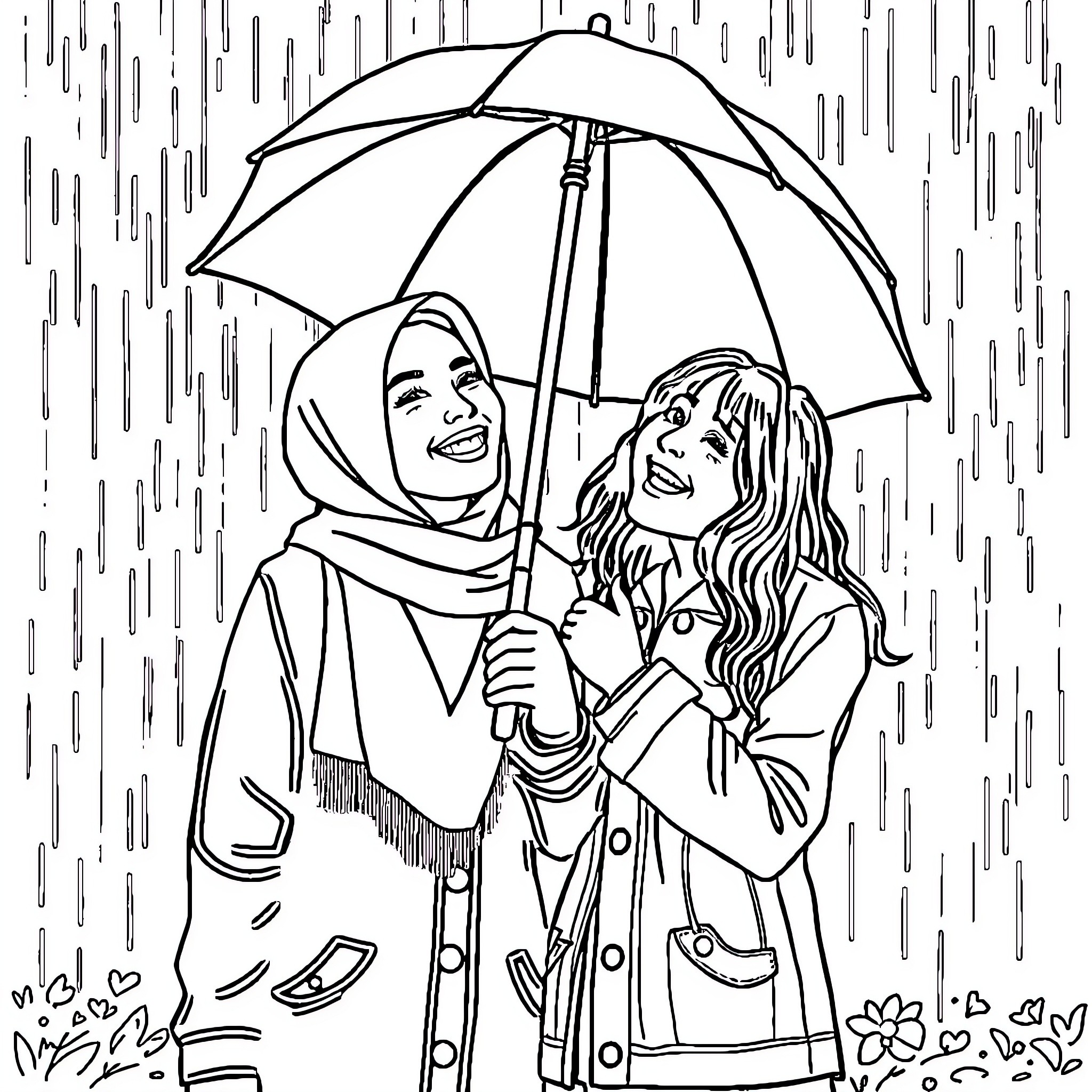 Girl friends enjoying rainy day under umbrella Coloring Page (free black-and-white line drawing printable PDF for all, from beginners to advanced learners, including children, teens, adults, and seniors)