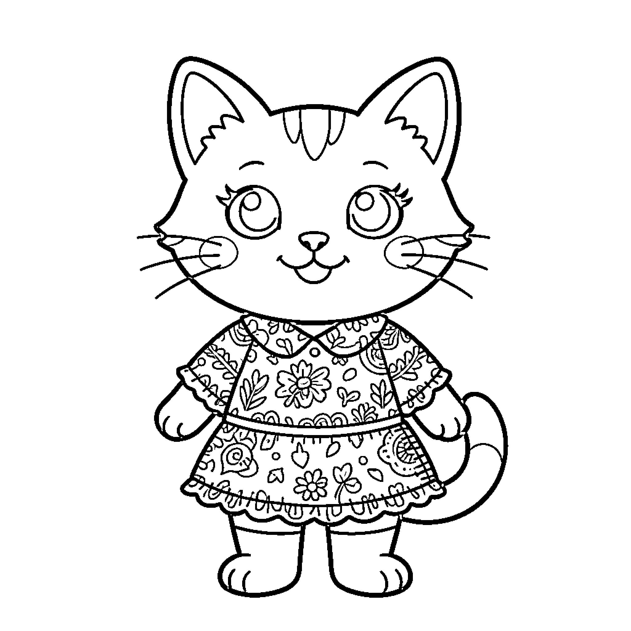 Angela's Adorable Kitty in Floral Dress Coloring Page (free black-and-white line drawing printable PDF for all, from beginners to advanced learners, including children, teens, adults, and seniors)