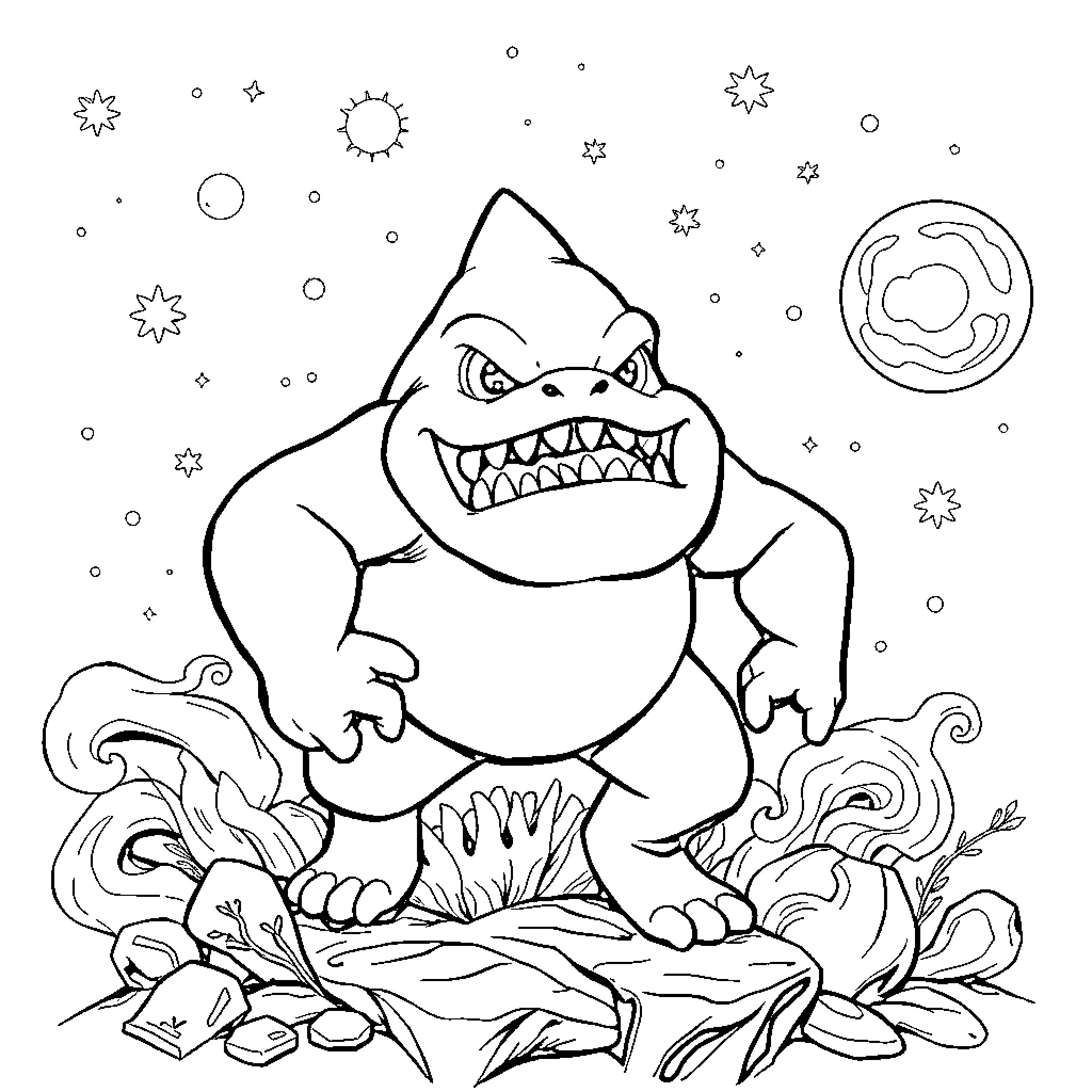 Firefighter Shark Battles Flames in the Cosmos Coloring Page (free black-and-white line drawing printable PDF for all, from beginners to advanced learners, including children, teens, adults, and seniors)