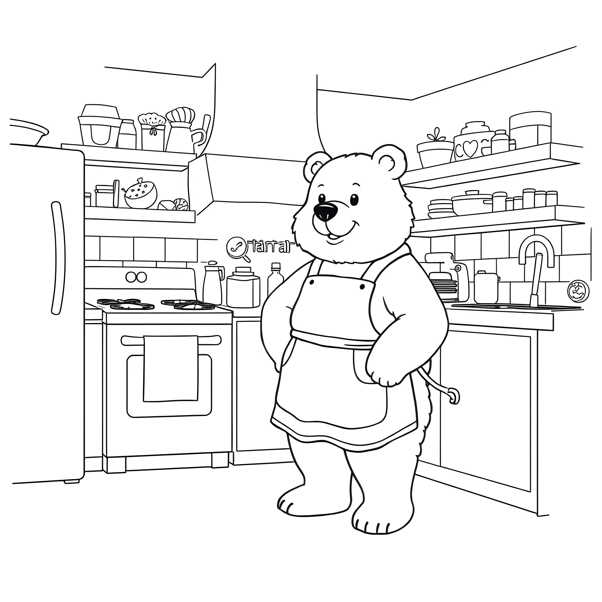 Bear cooking in the kitchen Coloring Page (free black-and-white line drawing printable PDF for all, from beginners to advanced learners, including children, teens, adults, and seniors)